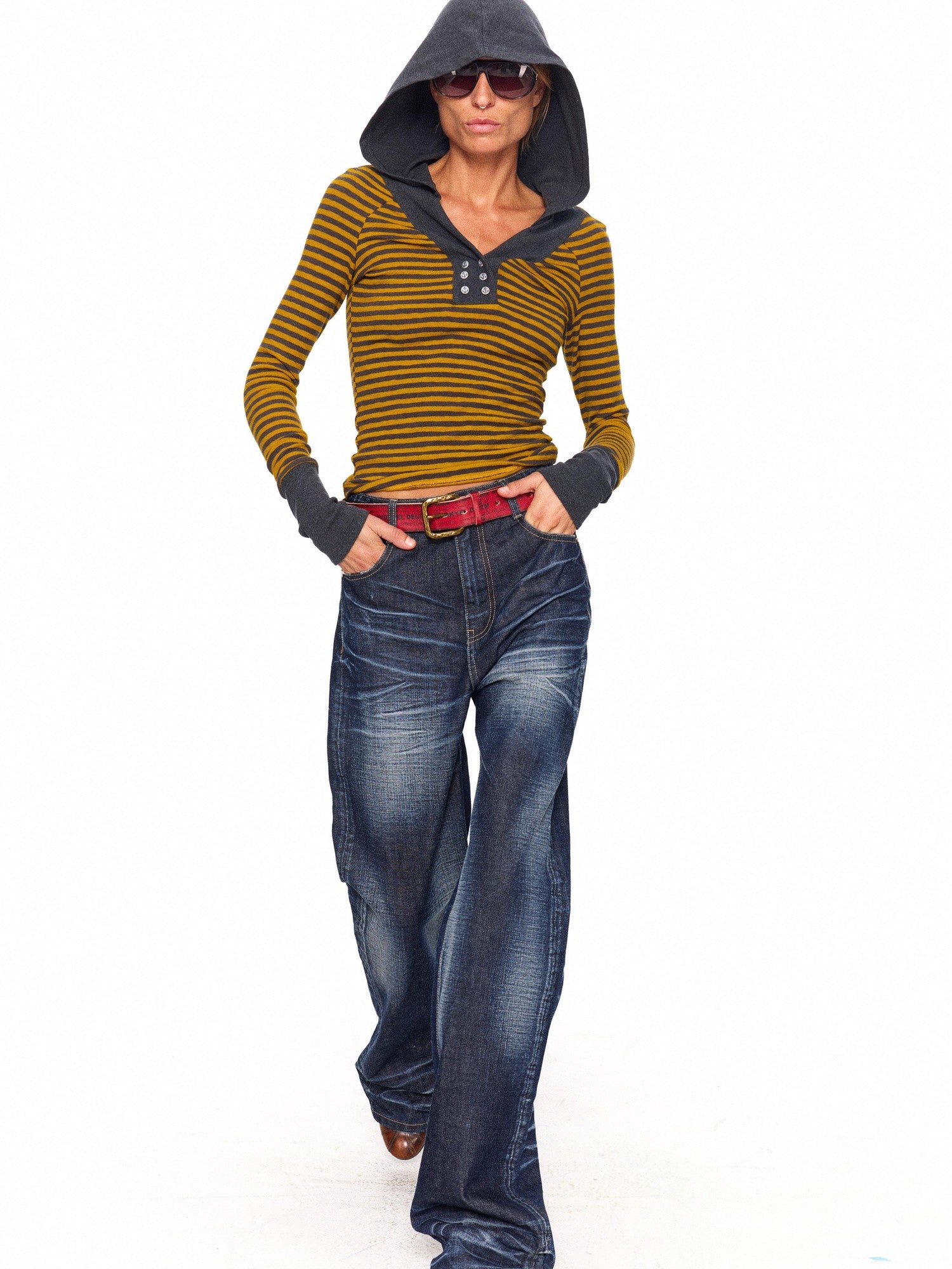 NyDkyel Contrast Neck Double Anchor Buttons Knit Hood Women&