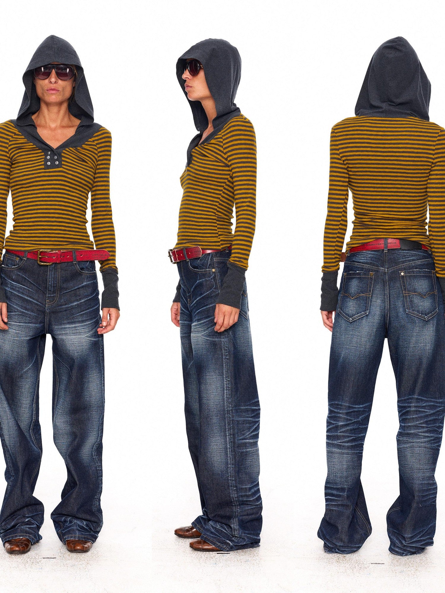 NyDkyel Contrast Neck Double Anchor Buttons Knit Hood Women&