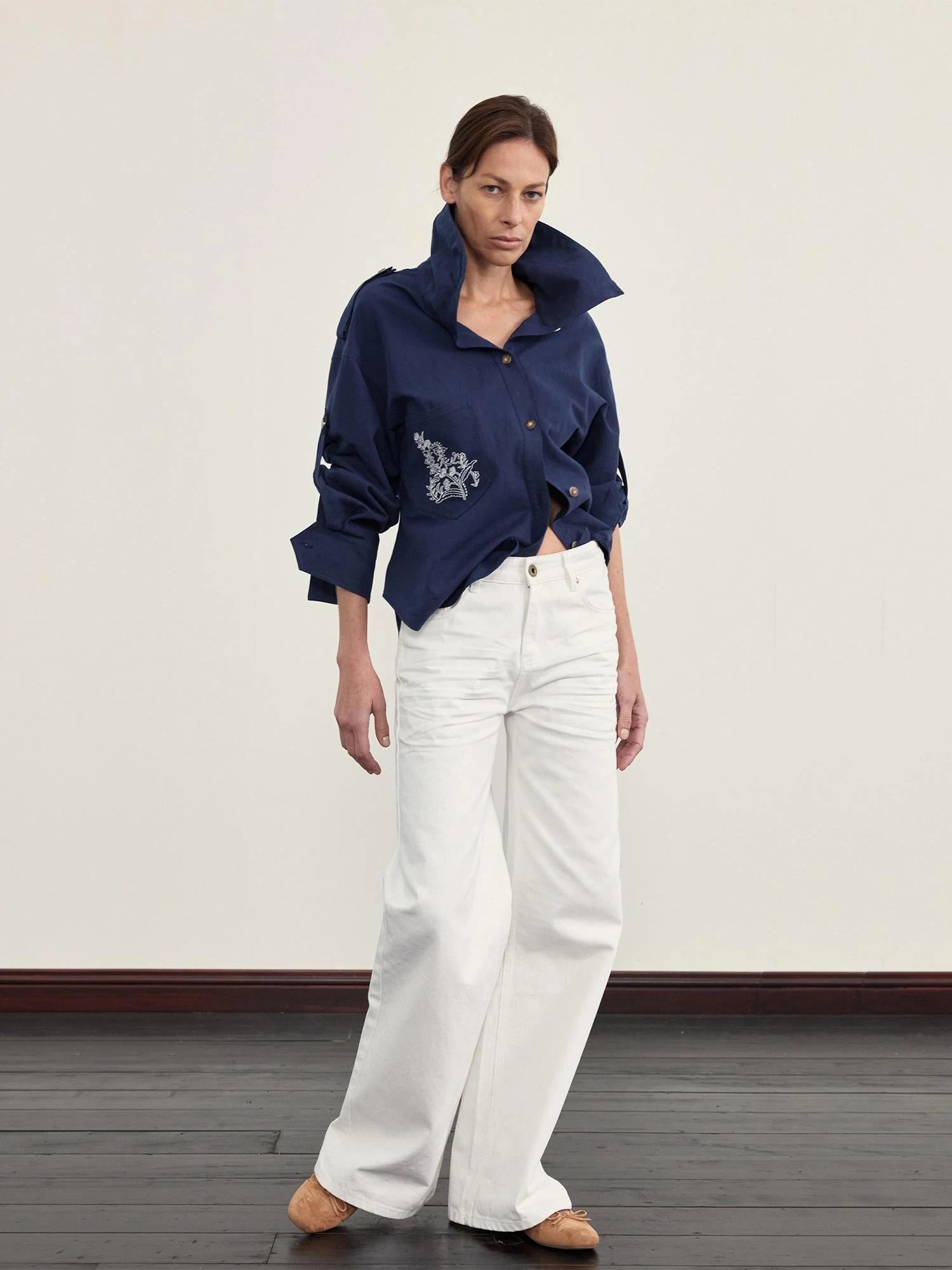 Deconstructed Placket Gypsy Shirt Adjustable Sleeves Linen Blend Embroidery