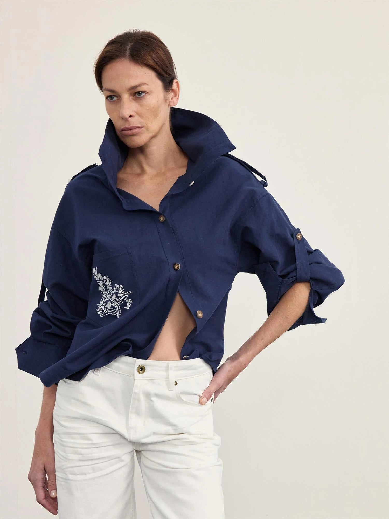 Deconstructed Placket Gypsy Shirt Adjustable Sleeves Linen Blend Embroidery