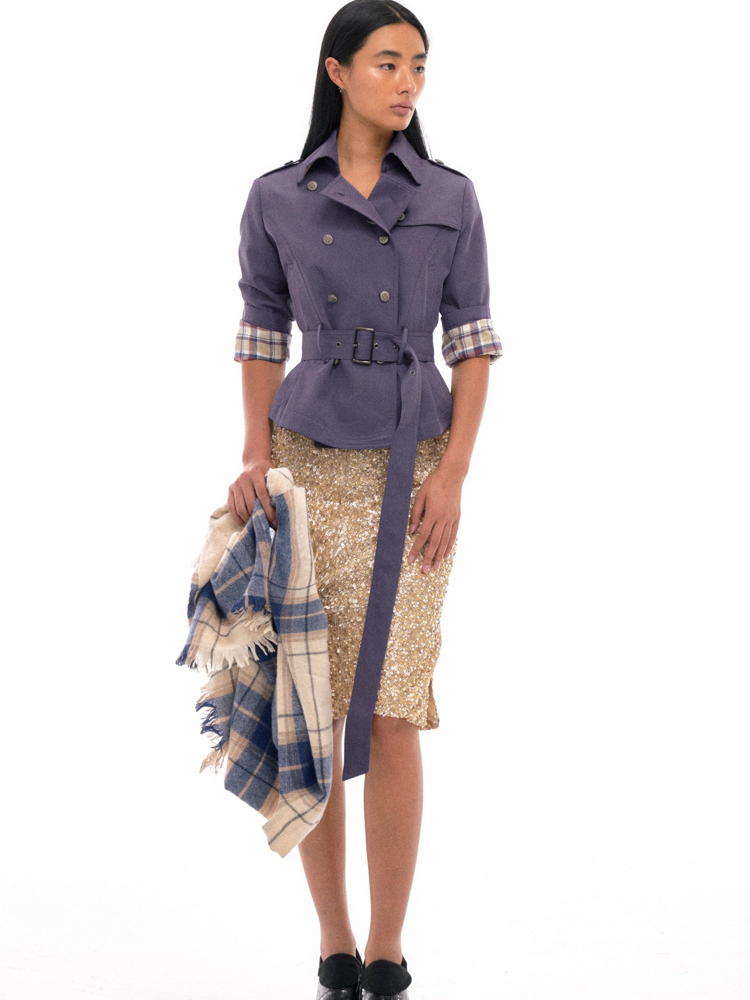 NyDkyel Double Breasted Trench Coat With Check Lining And Adjustable Belt