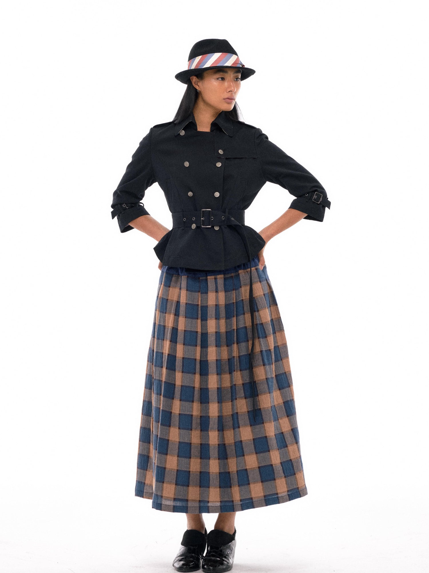 NyDkyel Double Breasted Trench Coat With Check Lining And Adjustable Belt