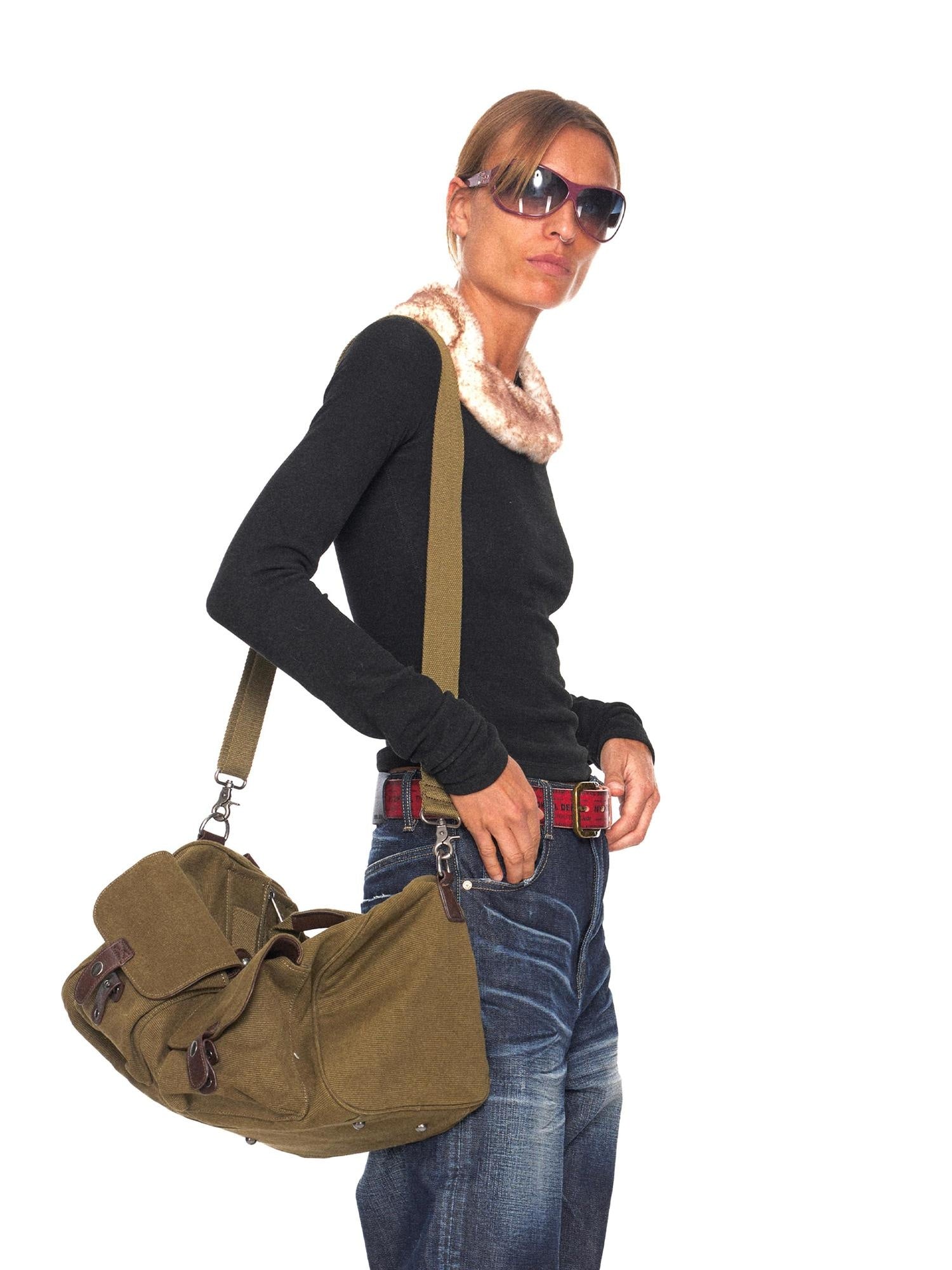 NyDkyel Durable Canvas Boxy Crossbody Detachable Strap Unisex Vintage Green Zipper Bag