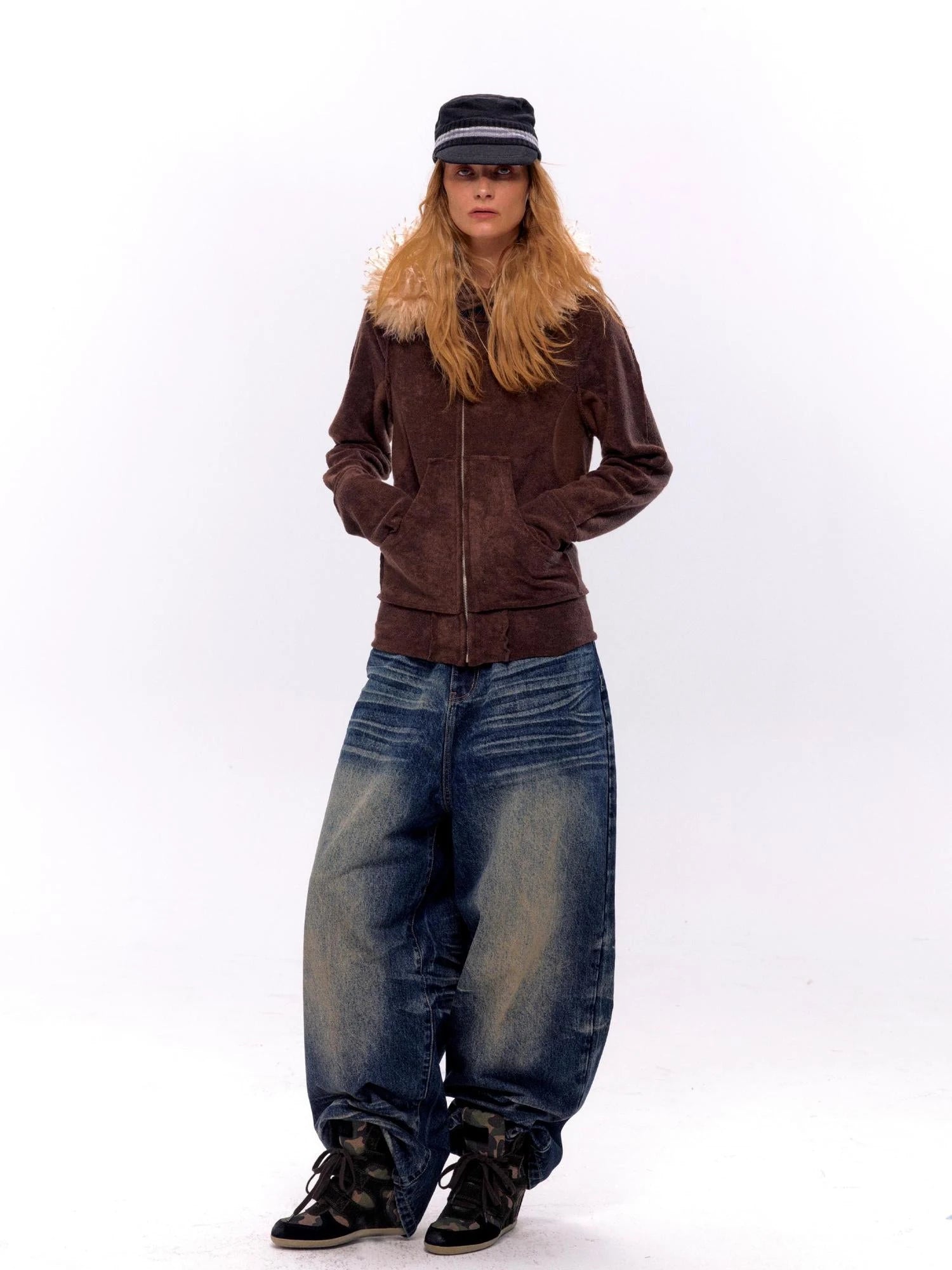 Fleece Stretch Fabric Asymmetric Placket Fur Hooded Sweatshirt