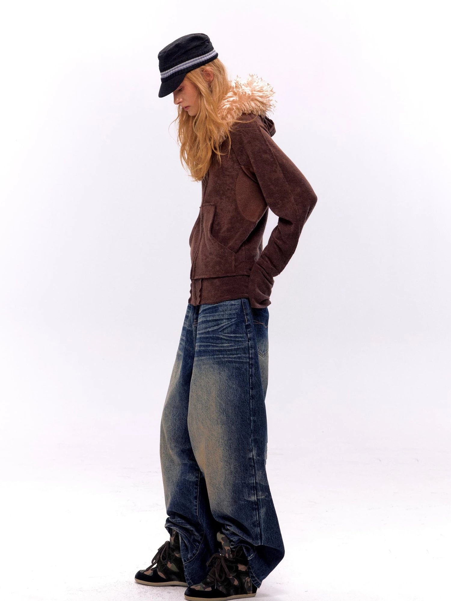 Fleece Stretch Fabric Asymmetric Placket Fur Hooded Sweatshirt