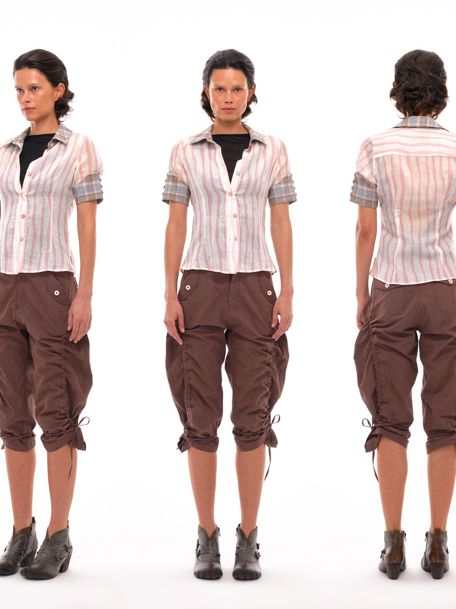 NyDkyel Geometric Color Block Striped Shirt with Asymmetric Cuffs