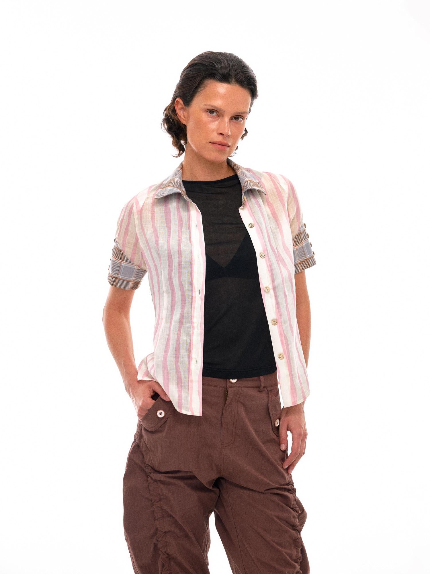 NyDkyel Geometric Color Block Striped Shirt with Asymmetric Cuffs
