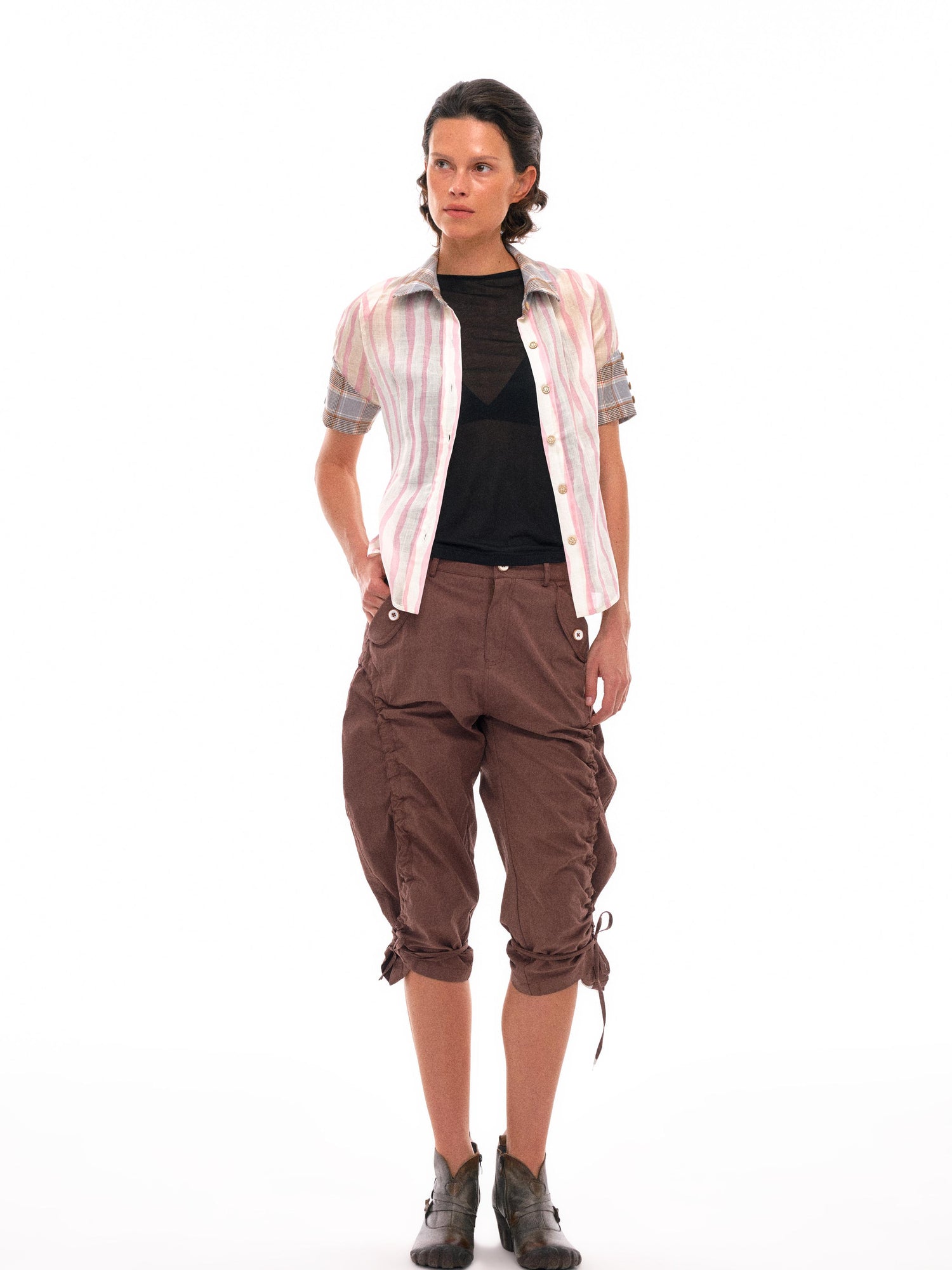 NyDkyel Geometric Color Block Striped Shirt with Asymmetric Cuffs