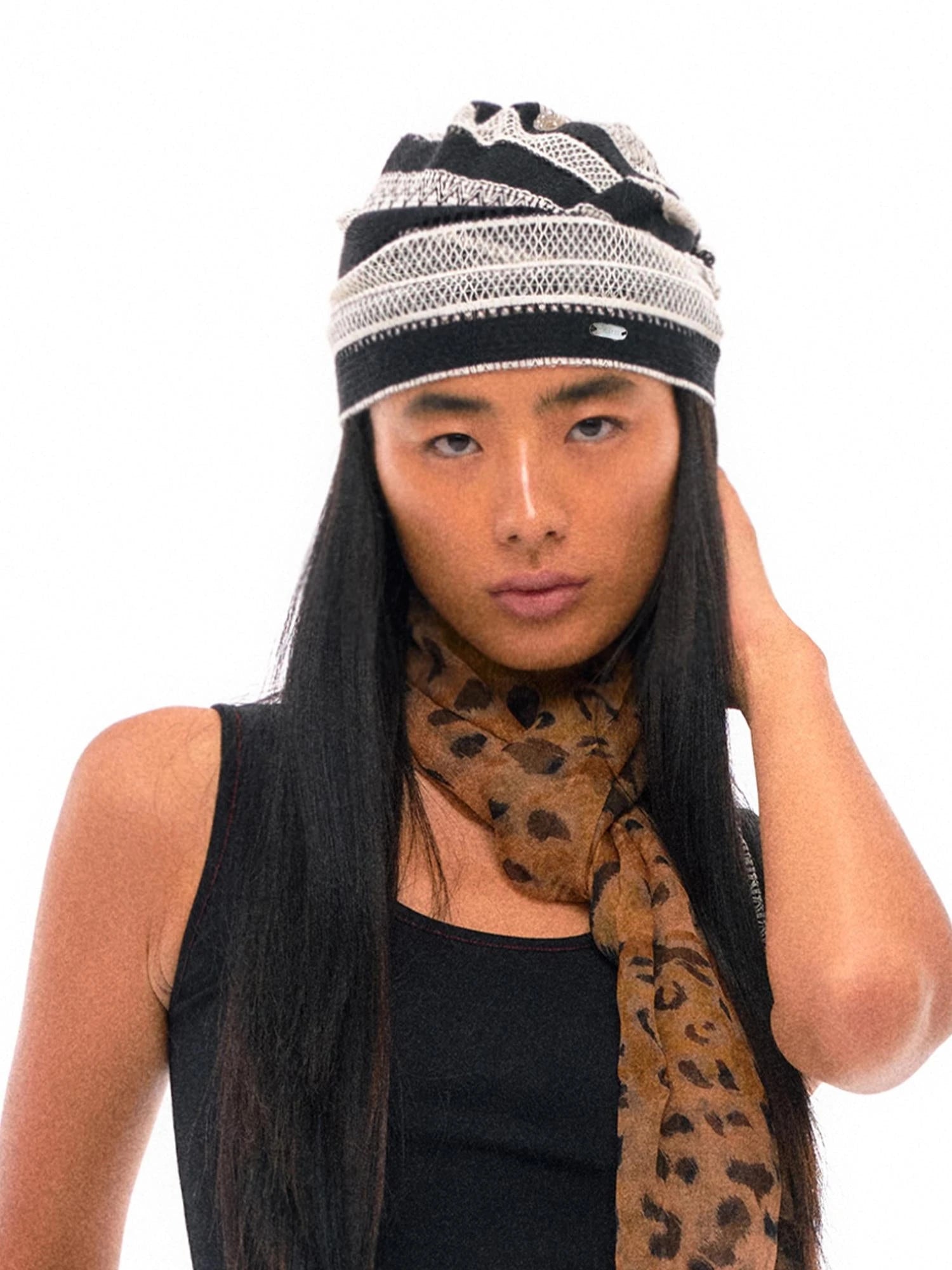 Gray Stripe Knit Jacquard Nepal Style Headscarf Cap