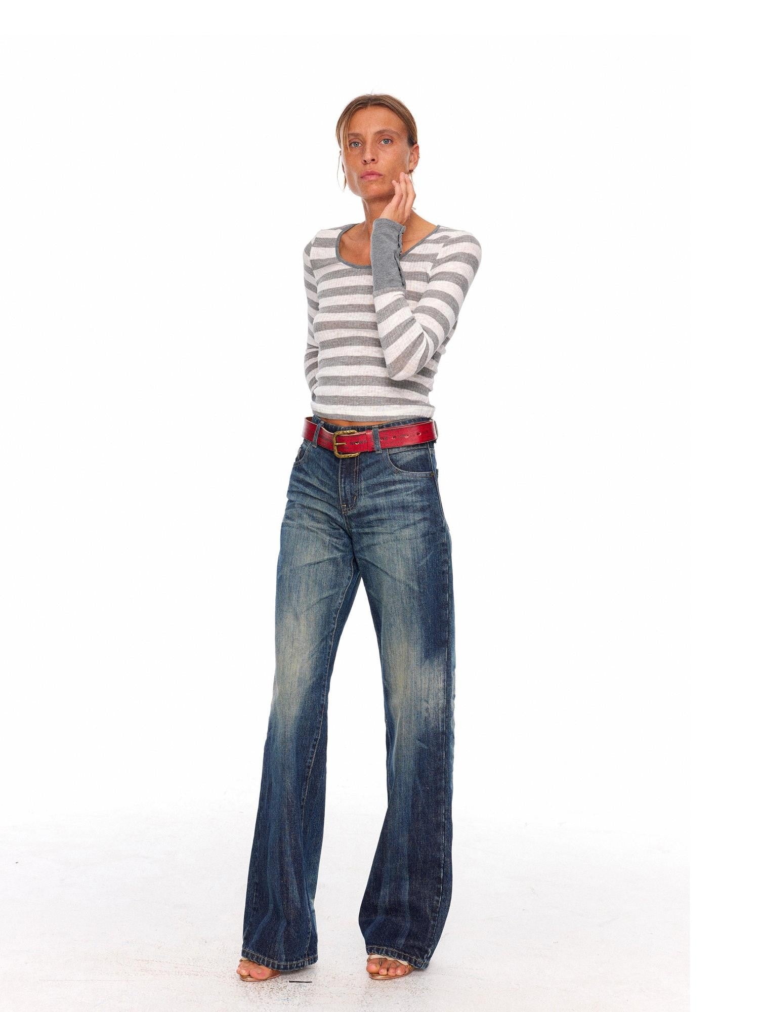 NyDkyel Grey White Striped Cuff Badge Back Button Women&
