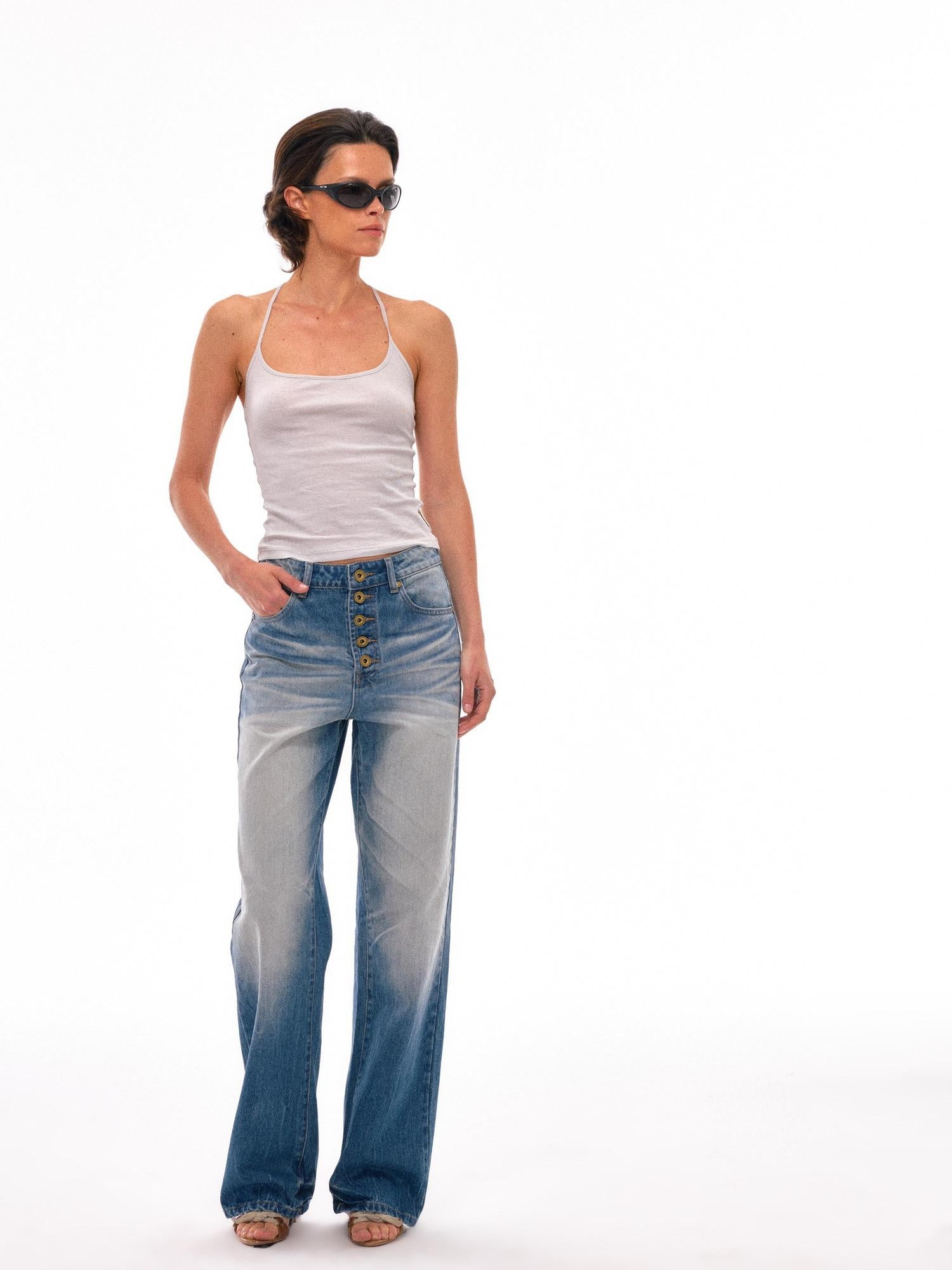 NyDkyel High Waist Pleated Washed Wide Leg Relaxed Fit Light Denim Womens Jeans