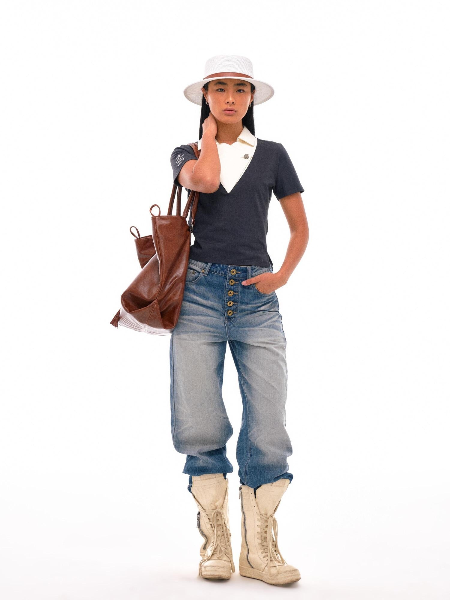 NyDkyel High Waist Pleated Washed Wide Leg Relaxed Fit Light Denim Womens Jeans