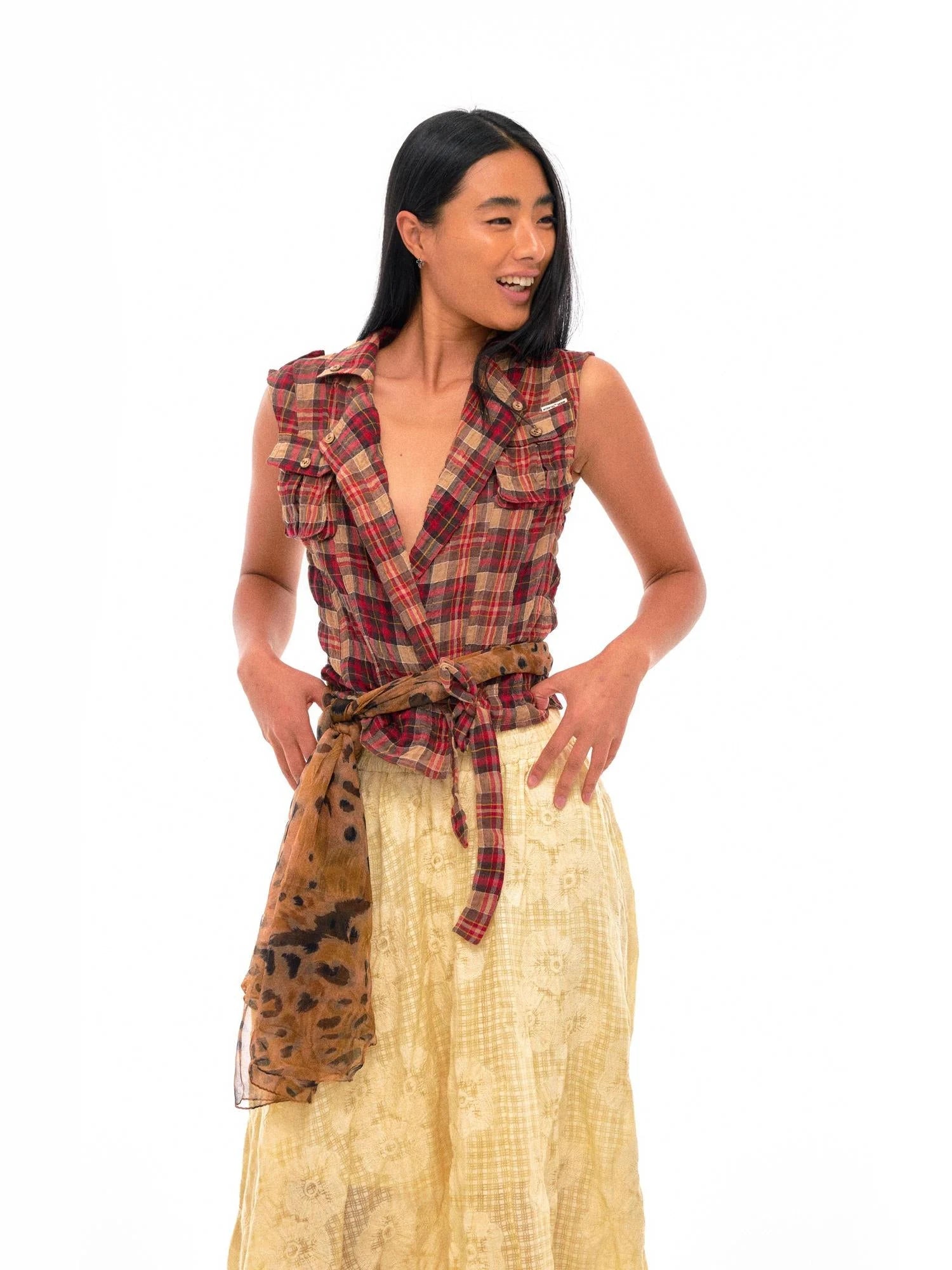 Linen Blend Checked Waistcoat With Adjustable Drawcord And Notched Collar