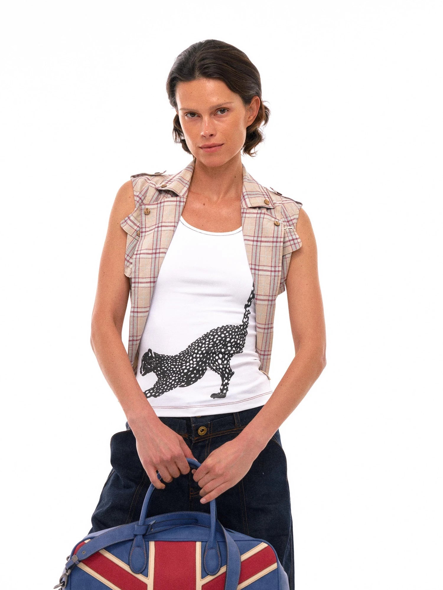 Linen Blend Checked Waistcoat With Adjustable Drawcord And Notched Collar
