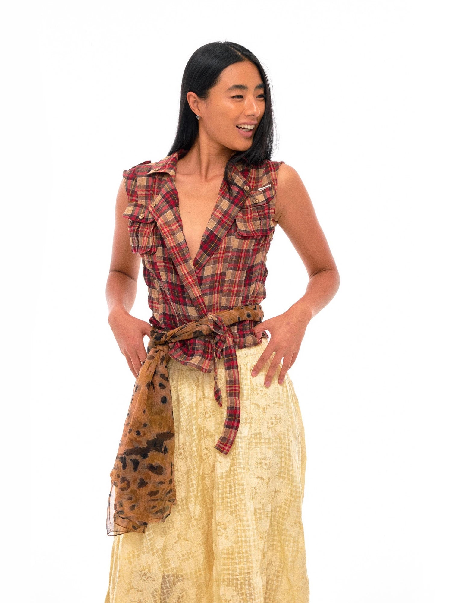 Linen Blend Checked Waistcoat With Adjustable Drawcord And Notched Collar