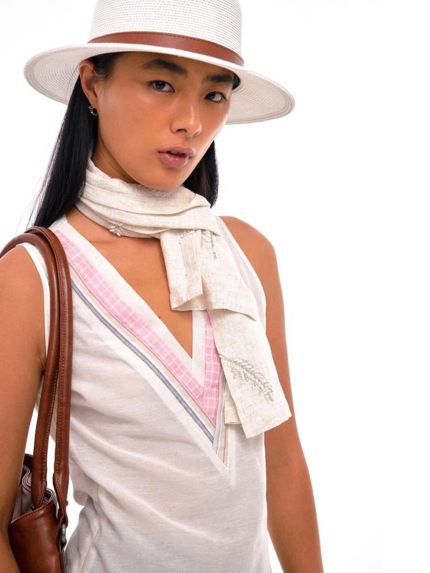 Linen Blend Embroidered Leaf Scarf With Natural Texture