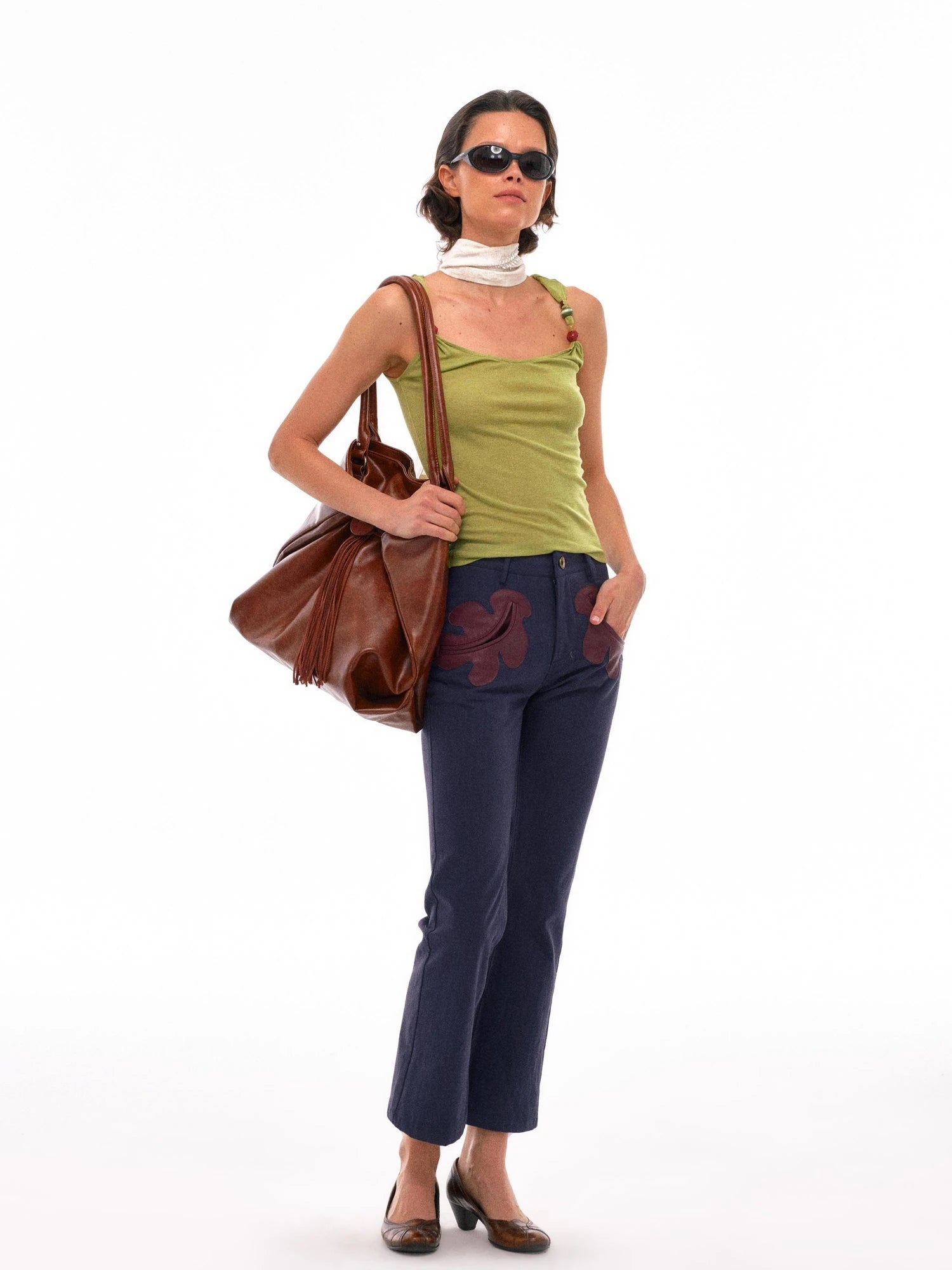 Linen Blend Embroidered Leaf Scarf With Natural Texture