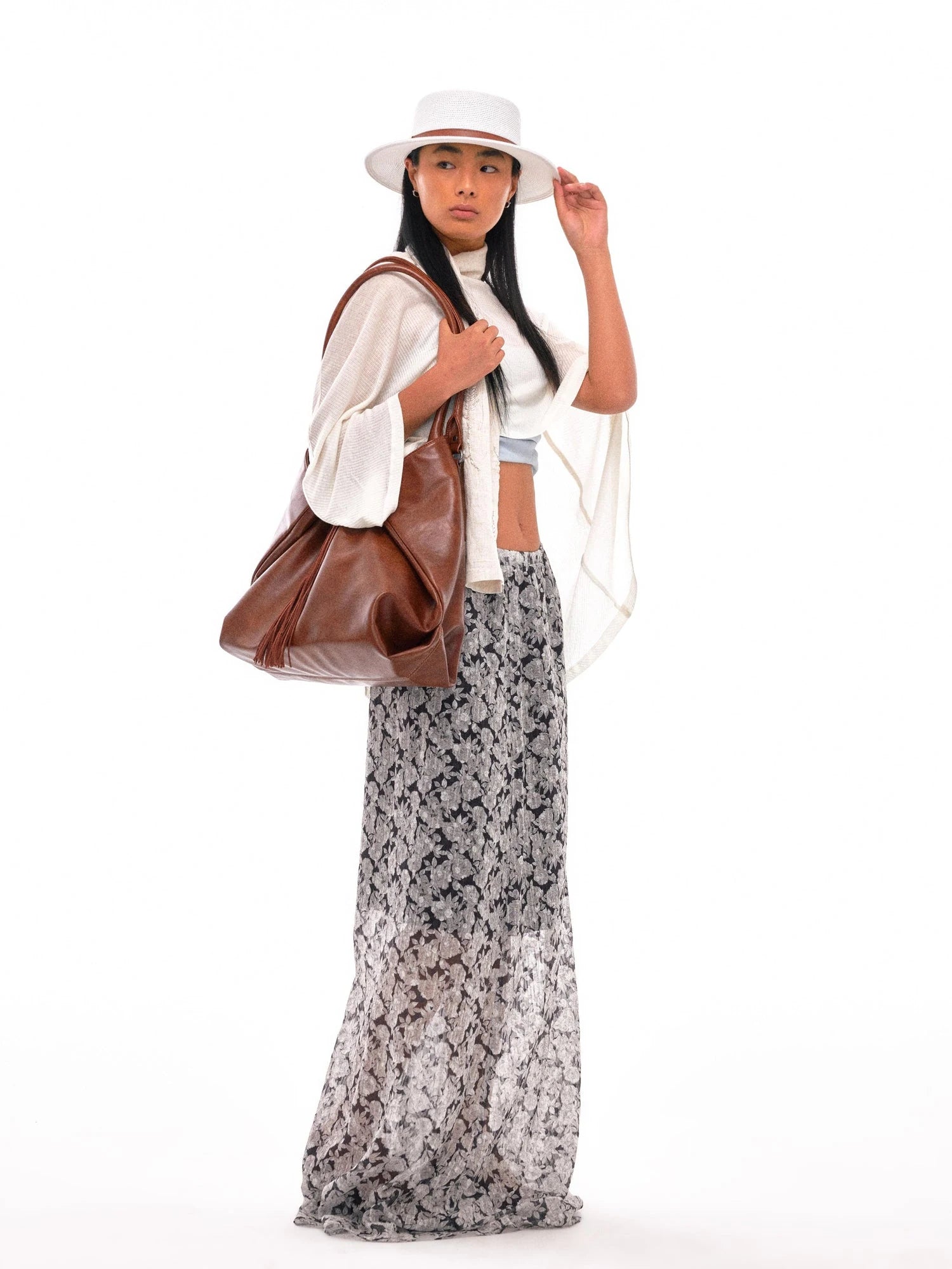 Linen Blend Embroidered Leaf Scarf With Natural Texture