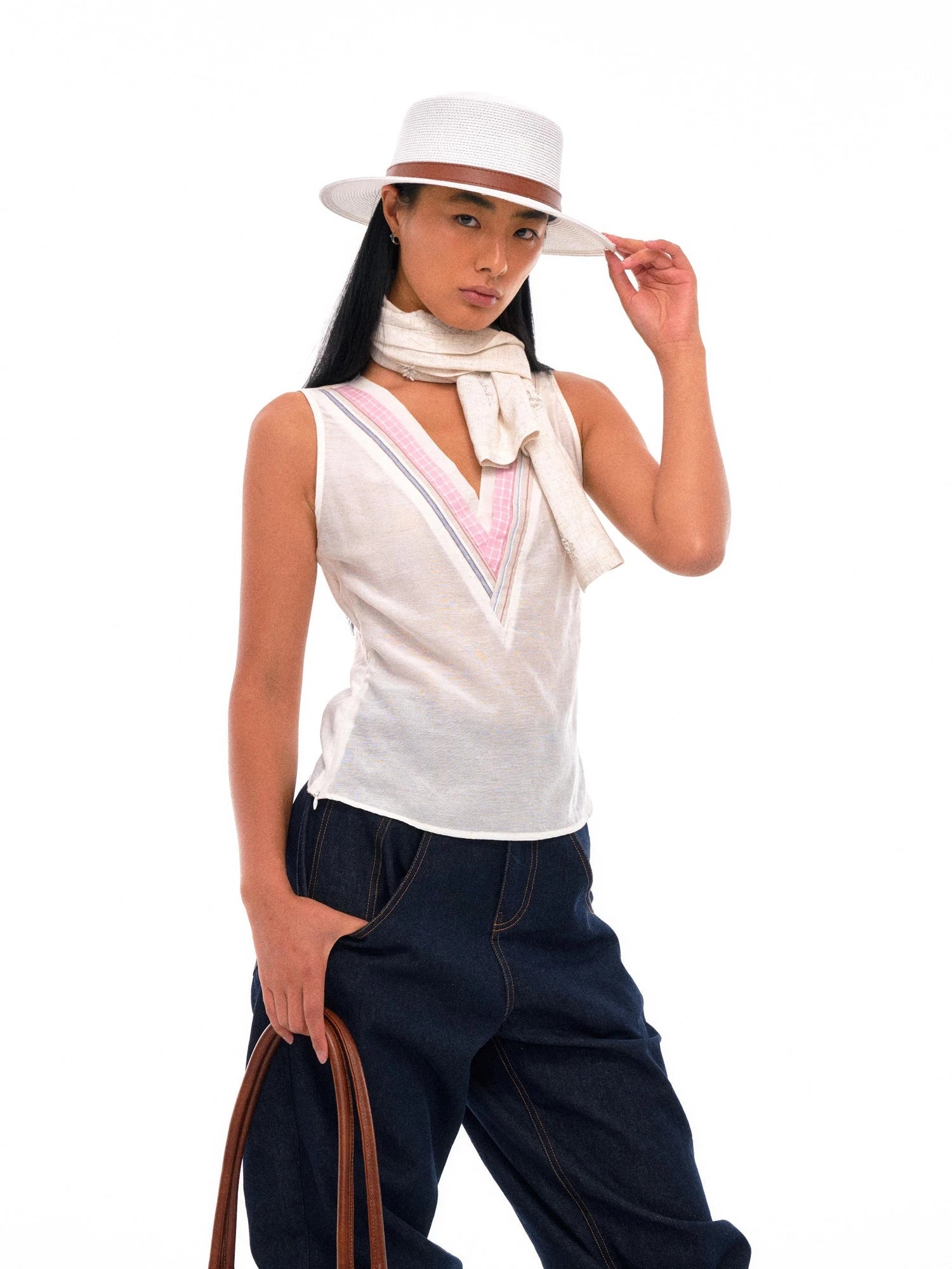 Linen Blend Embroidered Leaf Scarf With Natural Texture