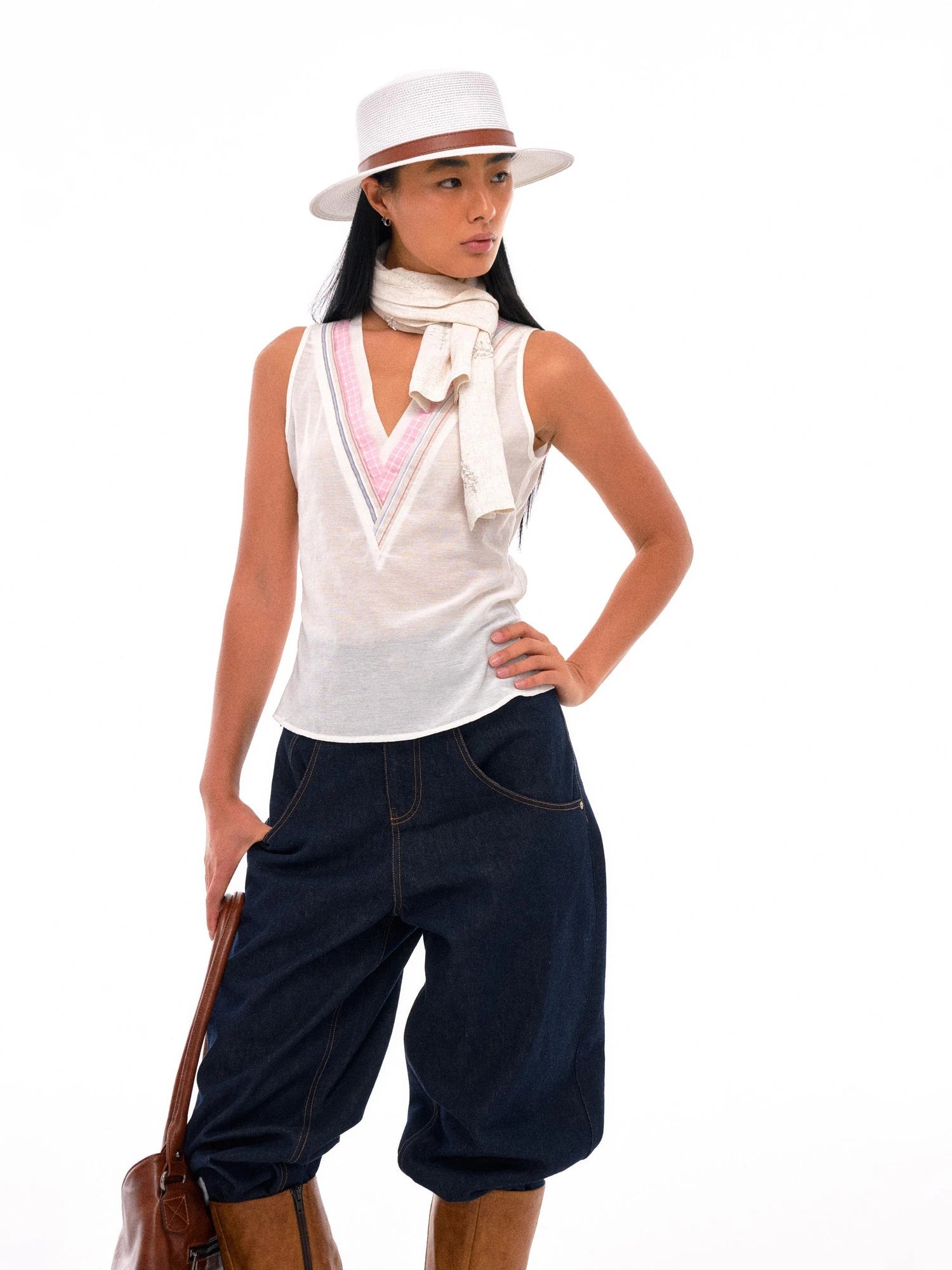 Linen Blend Embroidered Leaf Scarf With Natural Texture