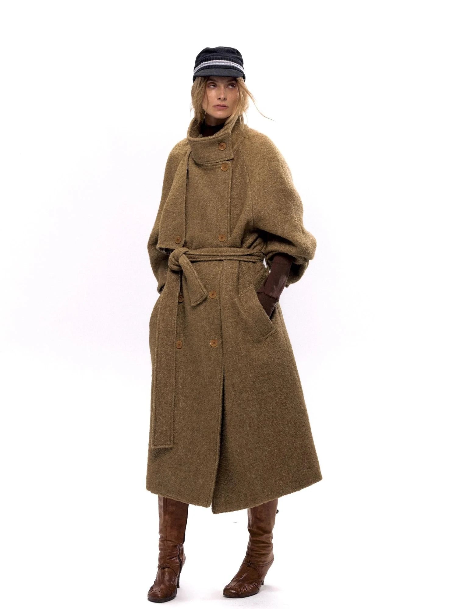 Long Wool Blend Trench Coat with Detachable Belt