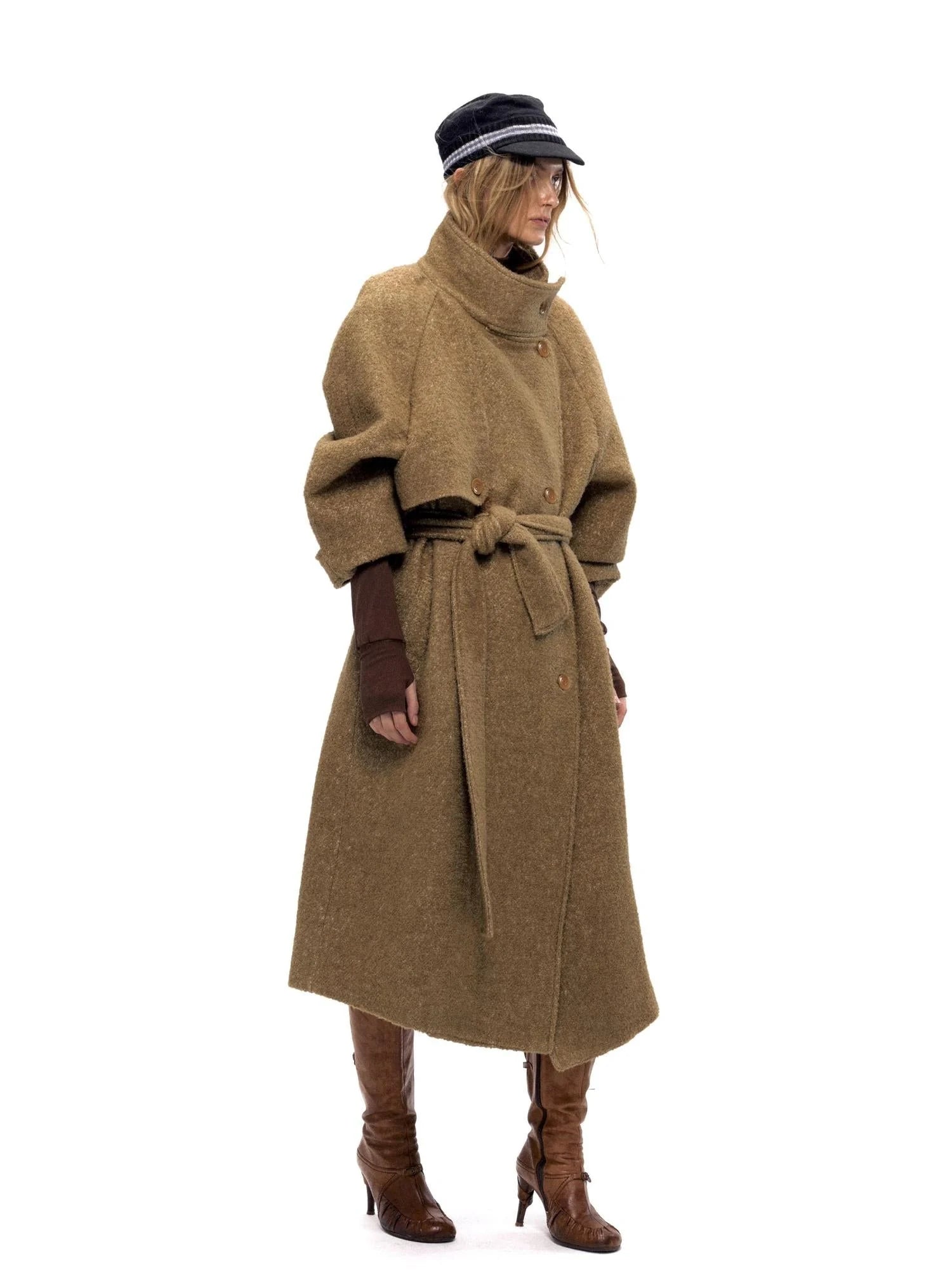 Long Wool Blend Trench Coat with Detachable Belt