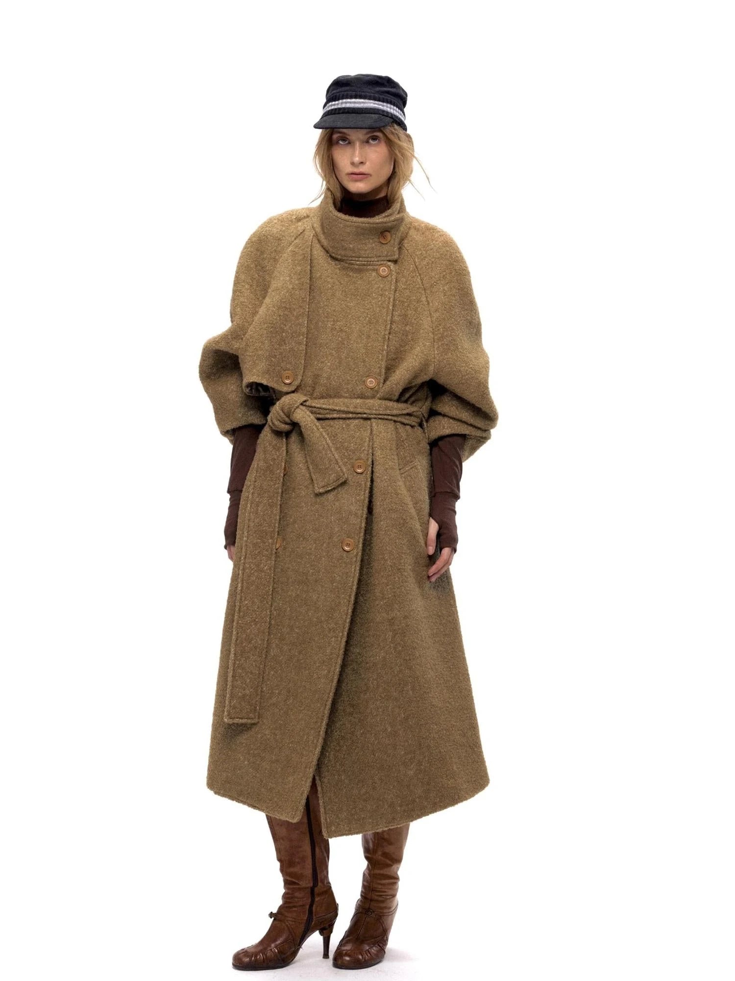 Long Wool Blend Trench Coat with Detachable Belt