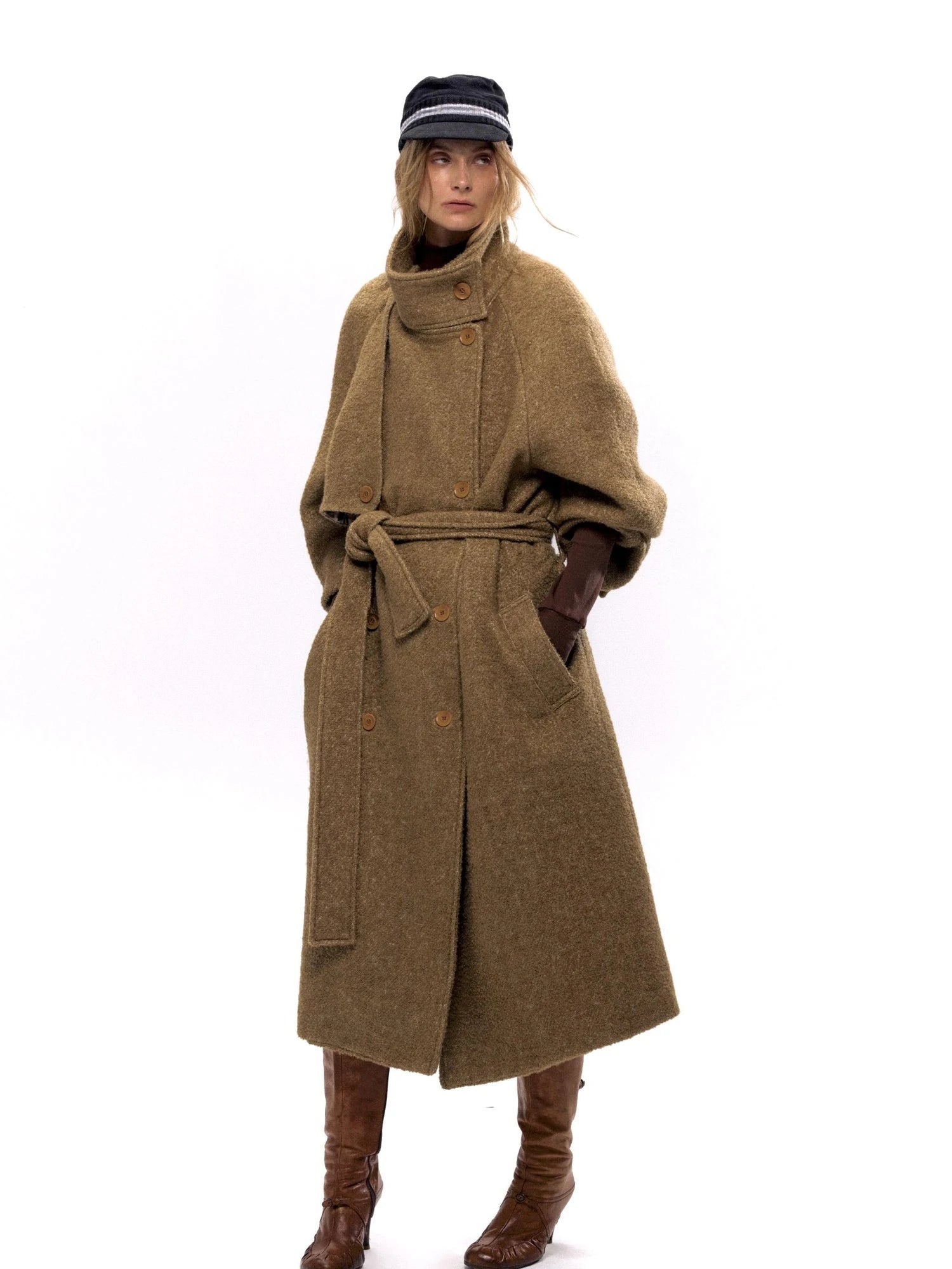 Long Wool Blend Trench Coat with Detachable Belt