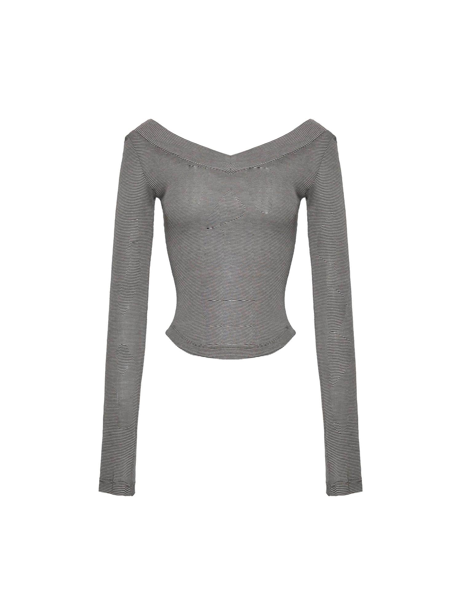 NyDkyel Lyocell Blend Asymmetric Urban Slim V-ceck Long Sleeve Striped Gray T-Shirt