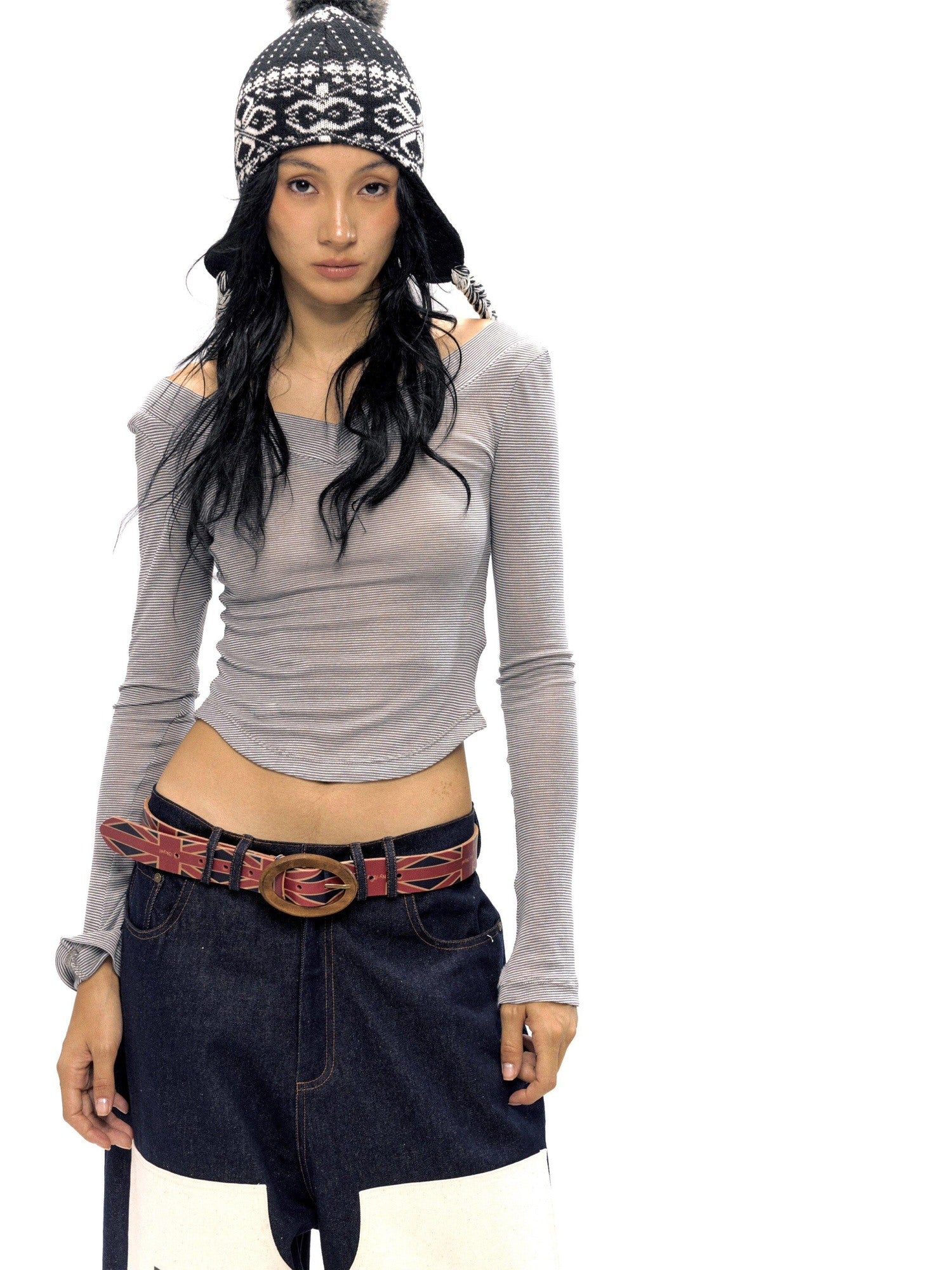 NyDkyel Lyocell Blend Asymmetric Urban Slim V-ceck Long Sleeve Striped Gray T-Shirt