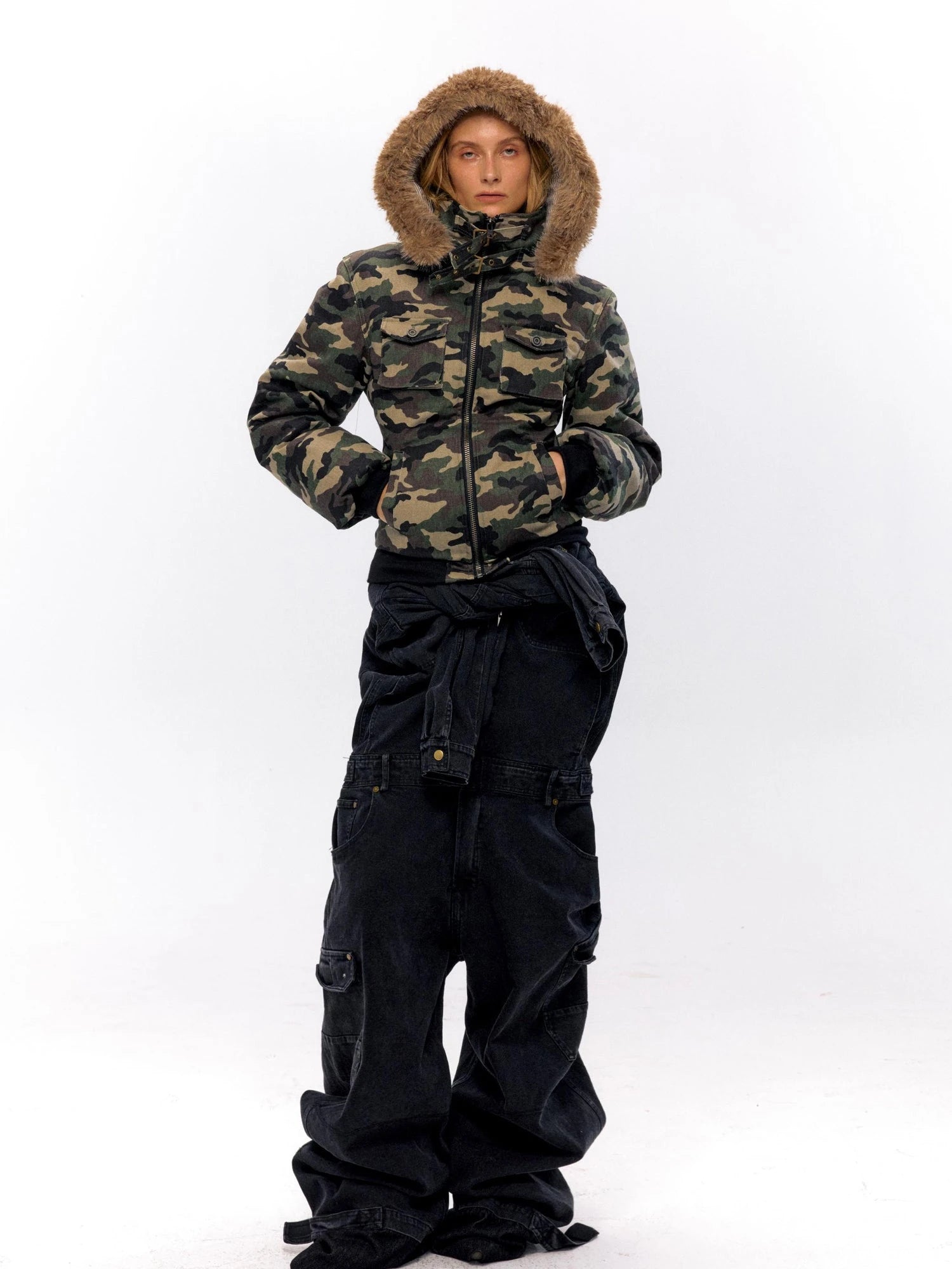 Military Style Camo Washed Cotton Jacket With Detachable Fur Hood