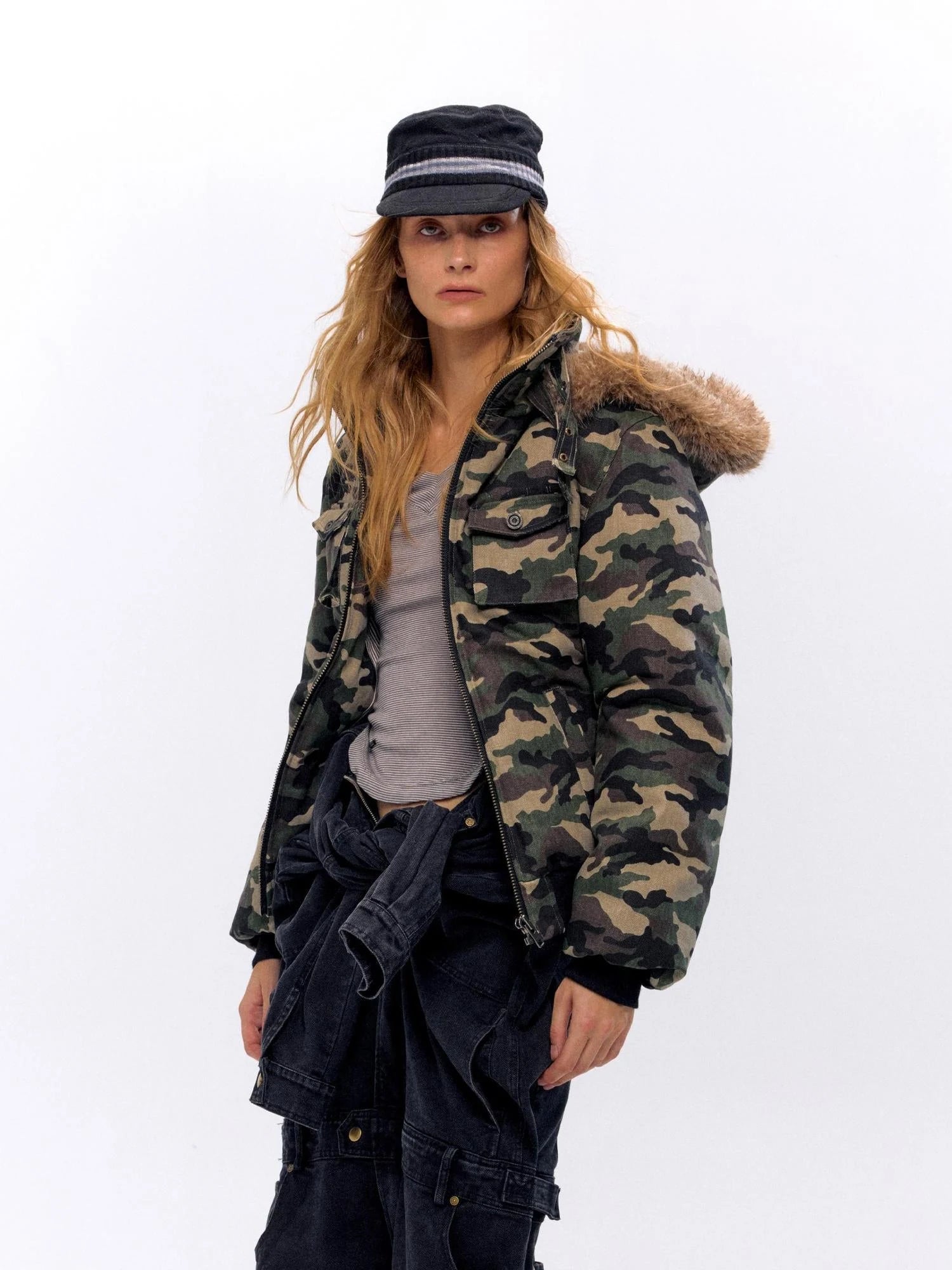 Military Style Camo Washed Cotton Jacket With Detachable Fur Hood