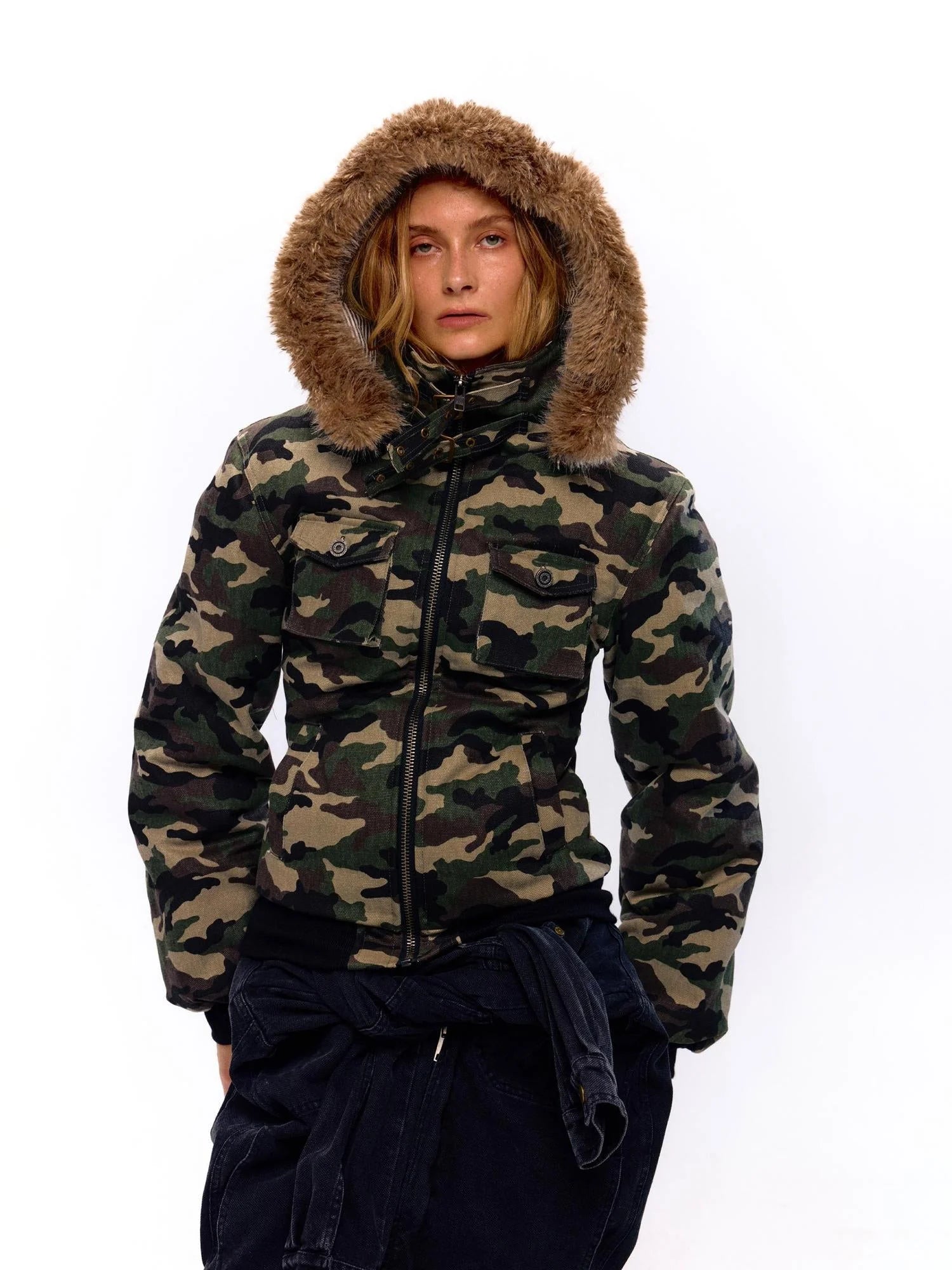 Military Style Camo Washed Cotton Jacket With Detachable Fur Hood