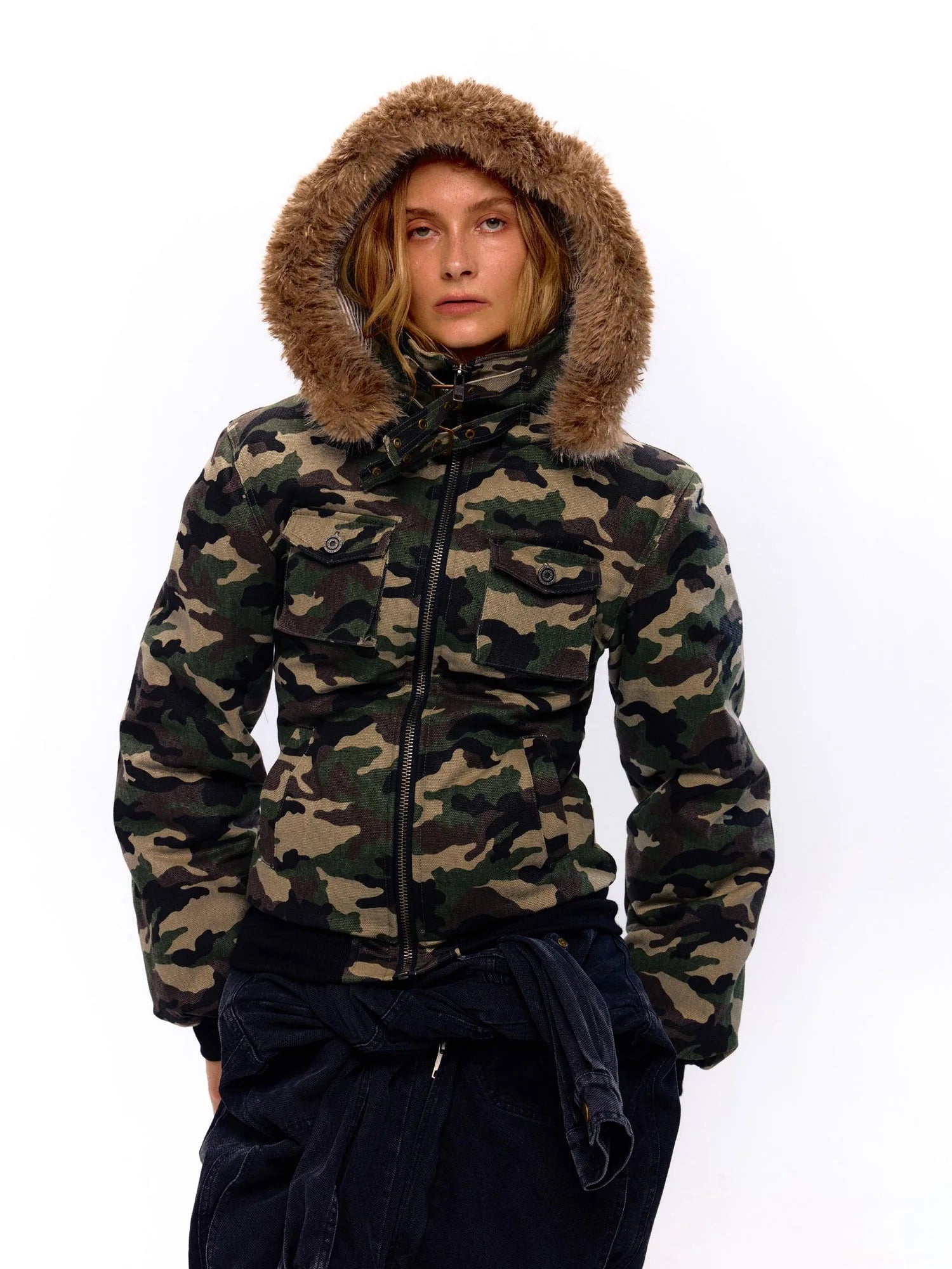 Military Style Camo Washed Cotton Jacket With Detachable Fur Hood
