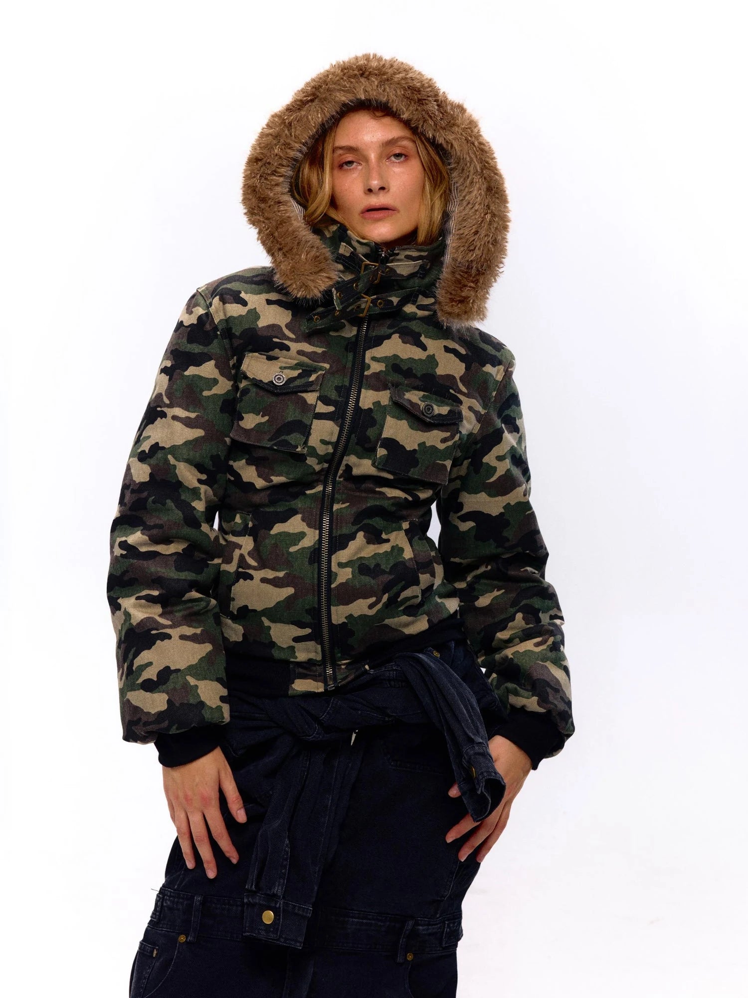 Military Style Camo Washed Cotton Jacket With Detachable Fur Hood