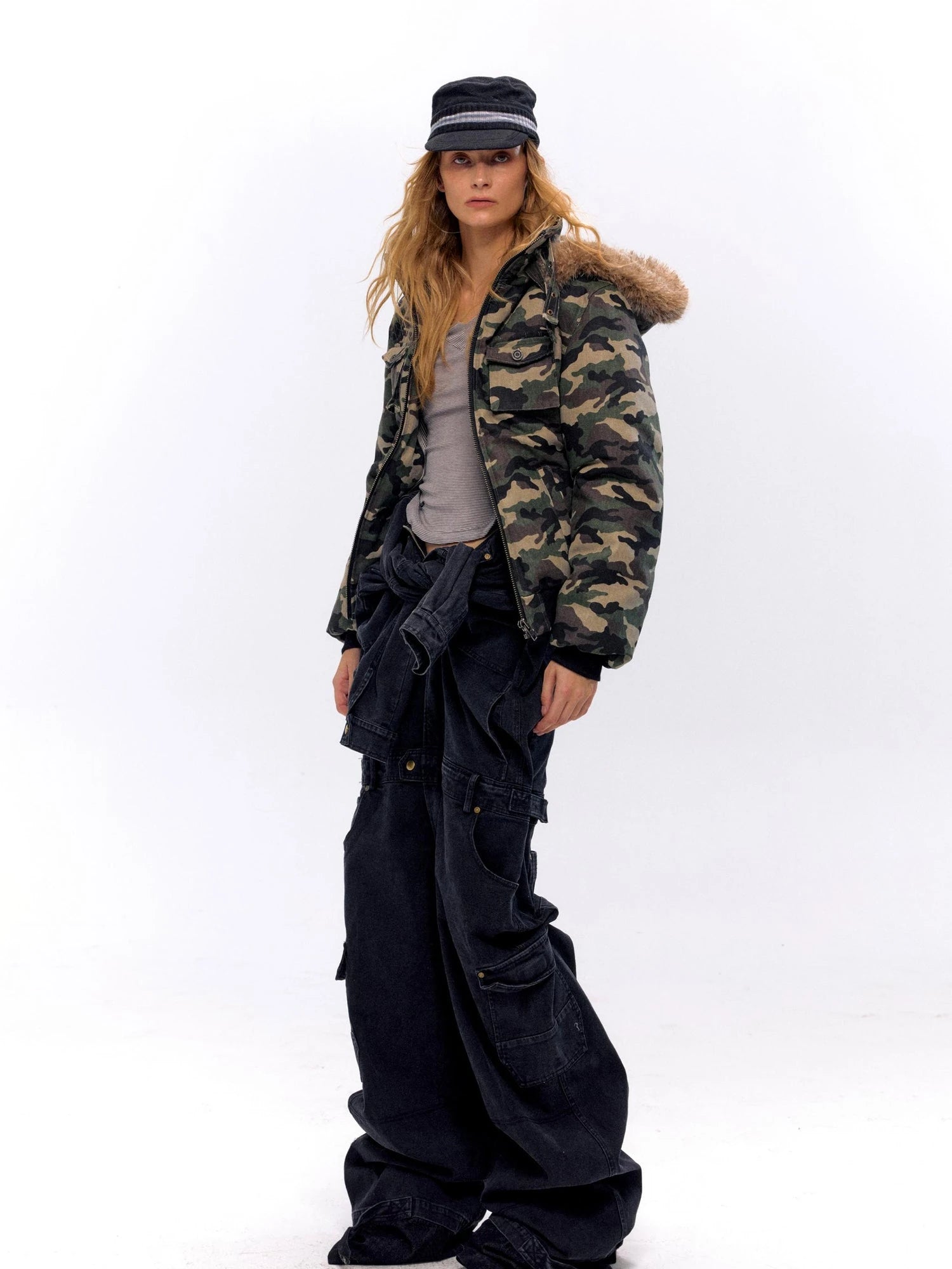 Military Style Camo Washed Cotton Jacket With Detachable Fur Hood