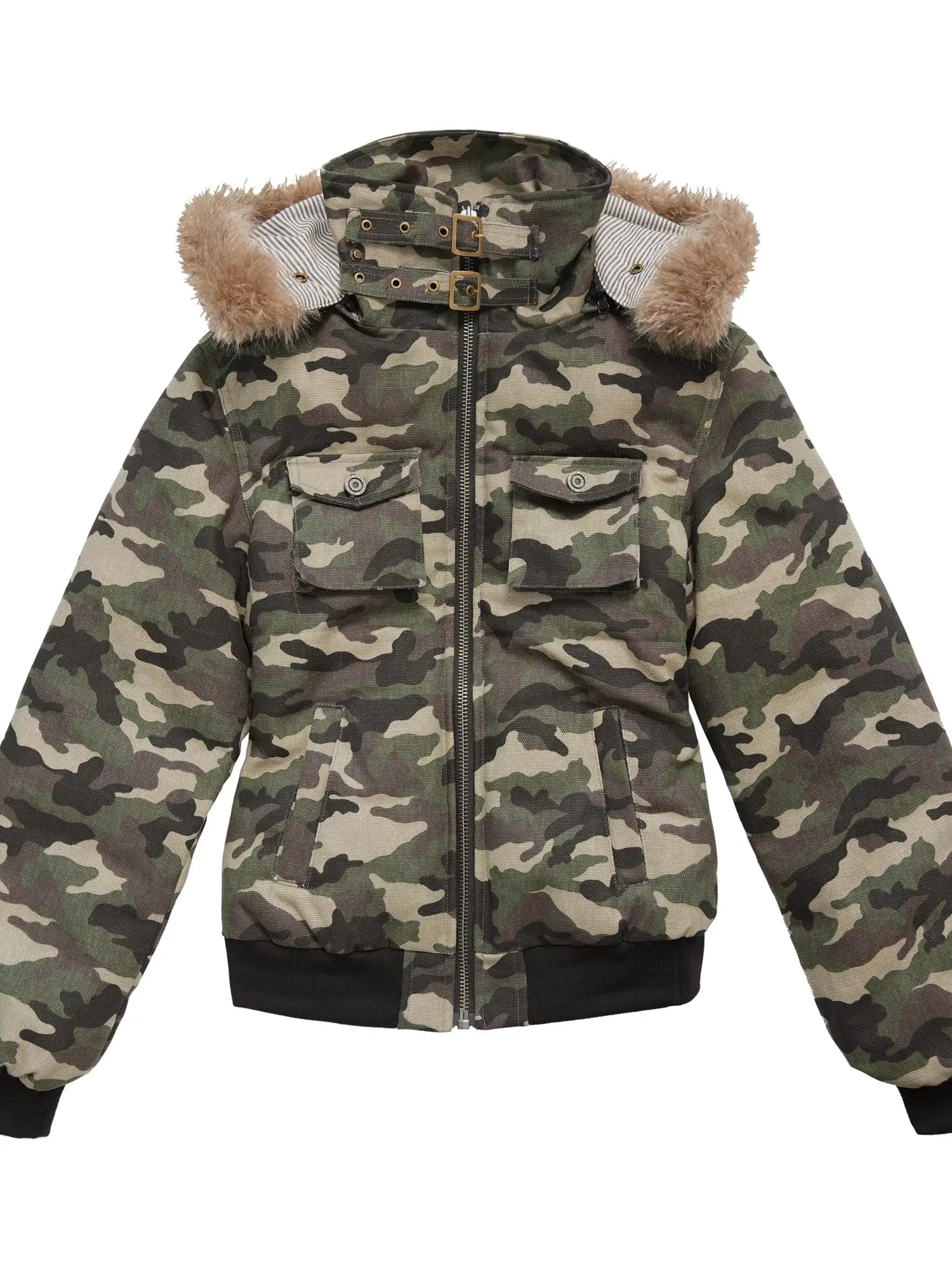 Military Style Camo Washed Cotton Jacket With Detachable Fur Hood