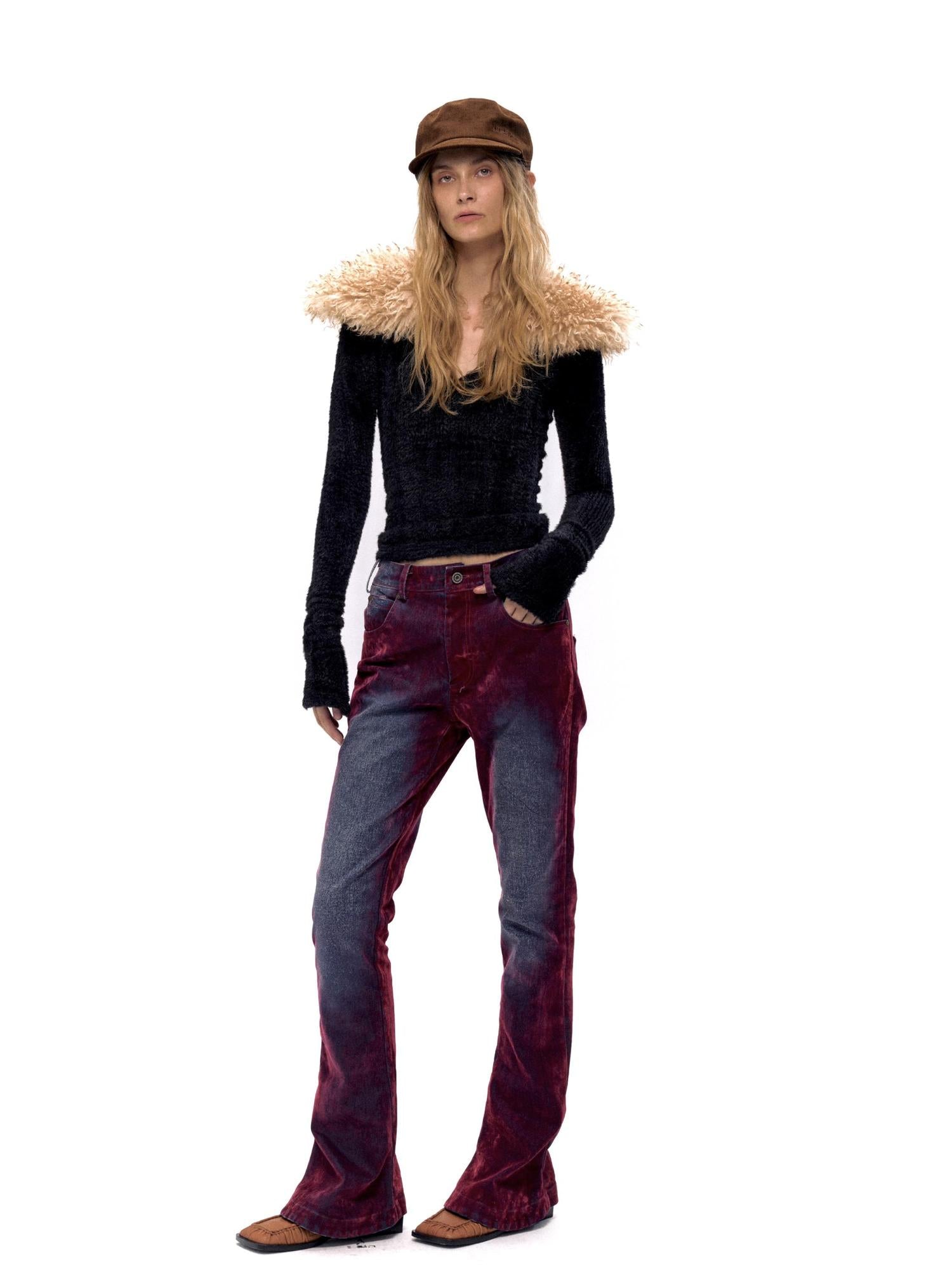 Retro Faux Fur Collar V-Neck Knit Sweater