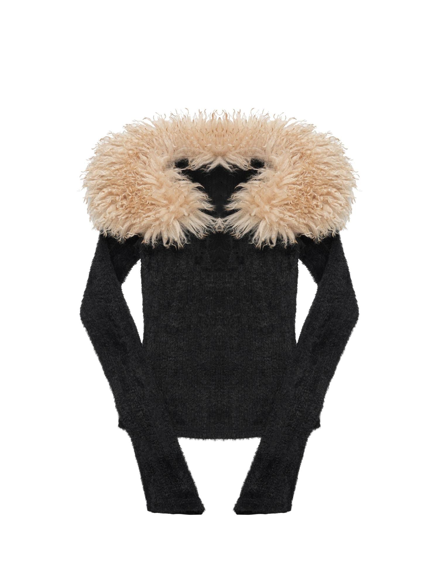 Retro Faux Fur Collar V-Neck Knit Sweater