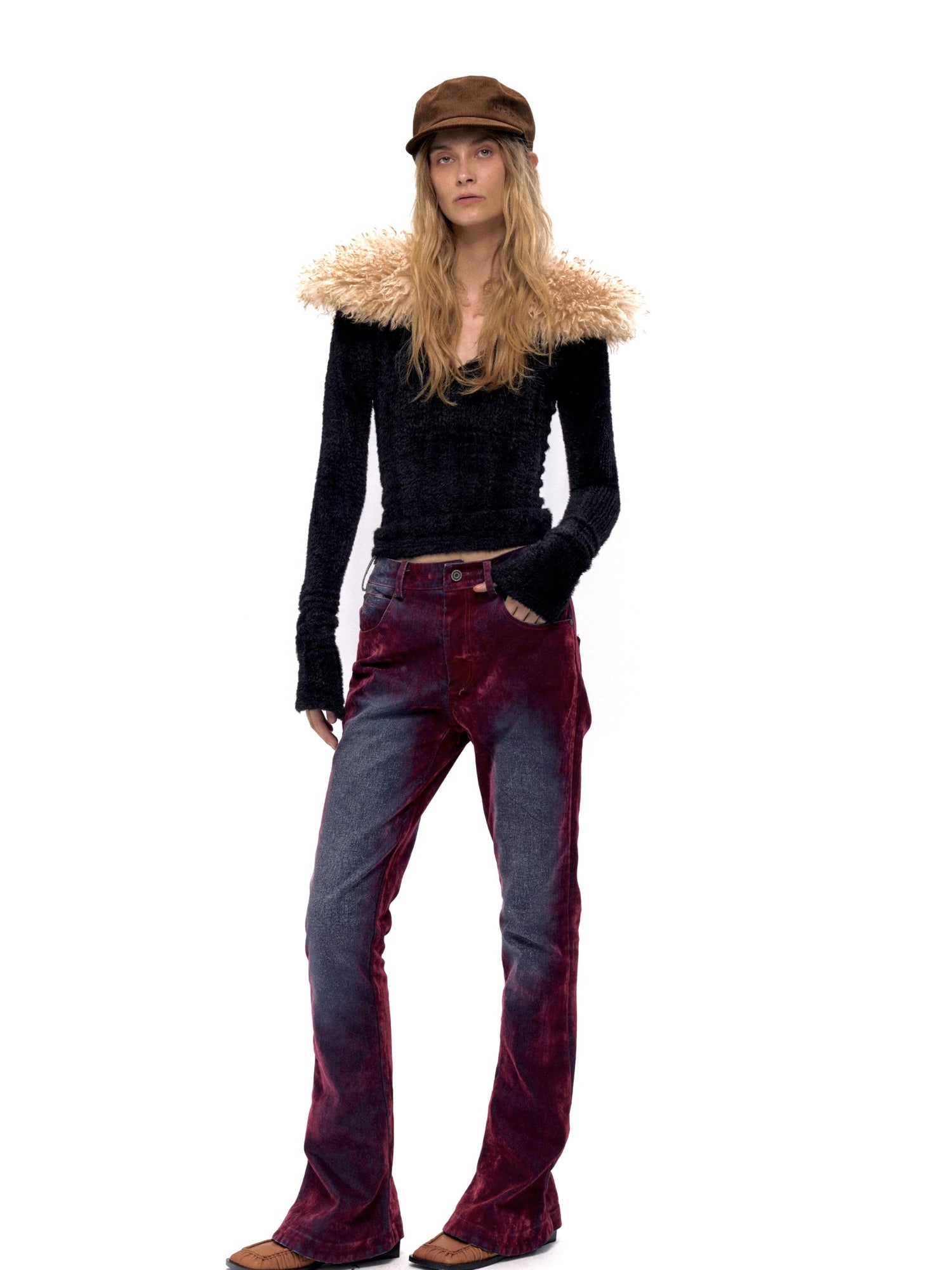 Retro Faux Fur Collar V-Neck Knit Sweater