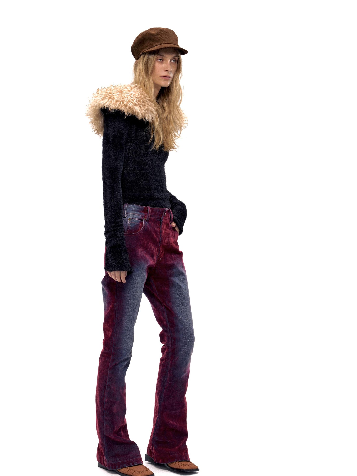 Retro Faux Fur Collar V-Neck Knit Sweater