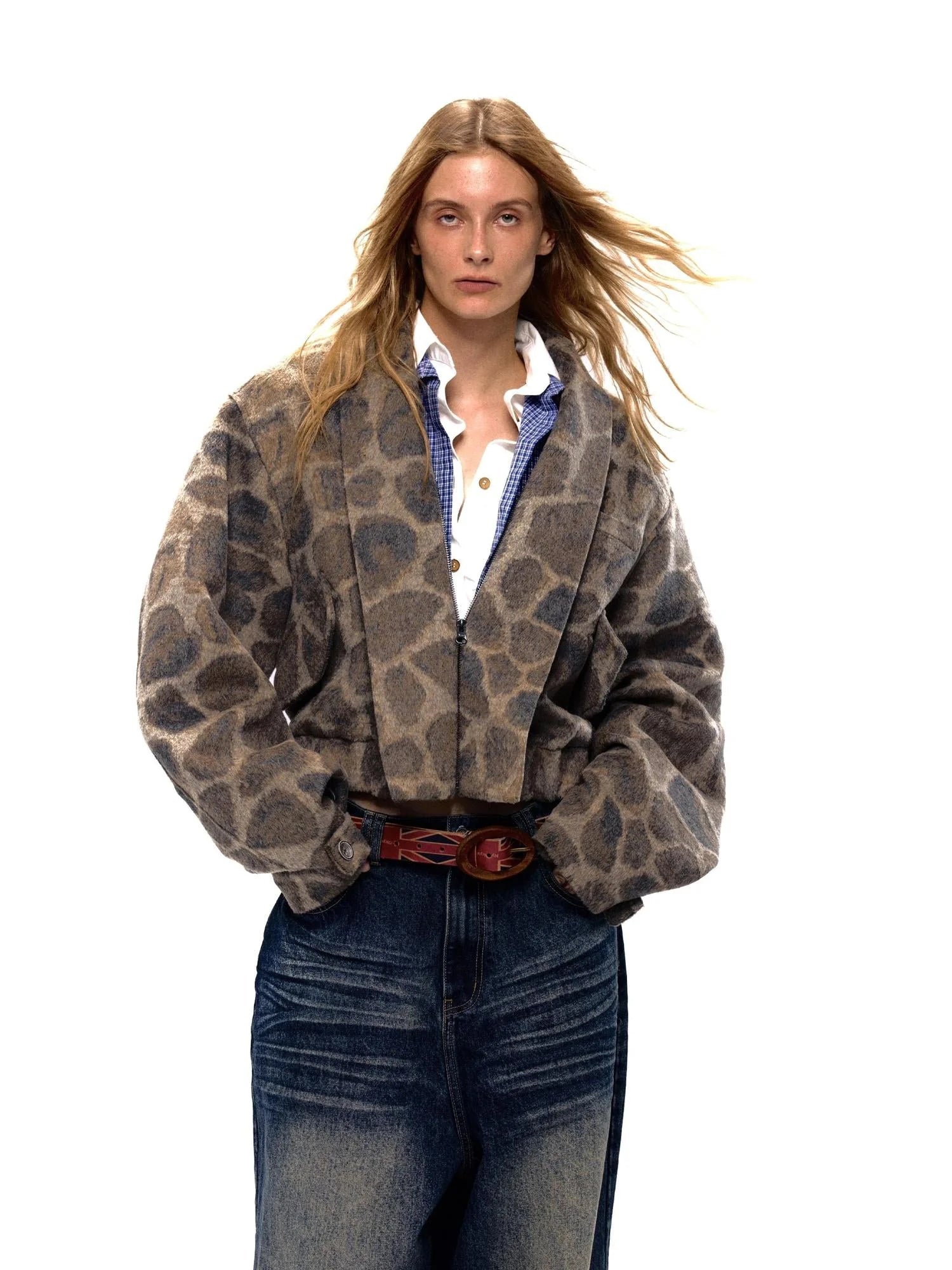 Retro Notched Collar Leopard Print Wool Blend Jacket