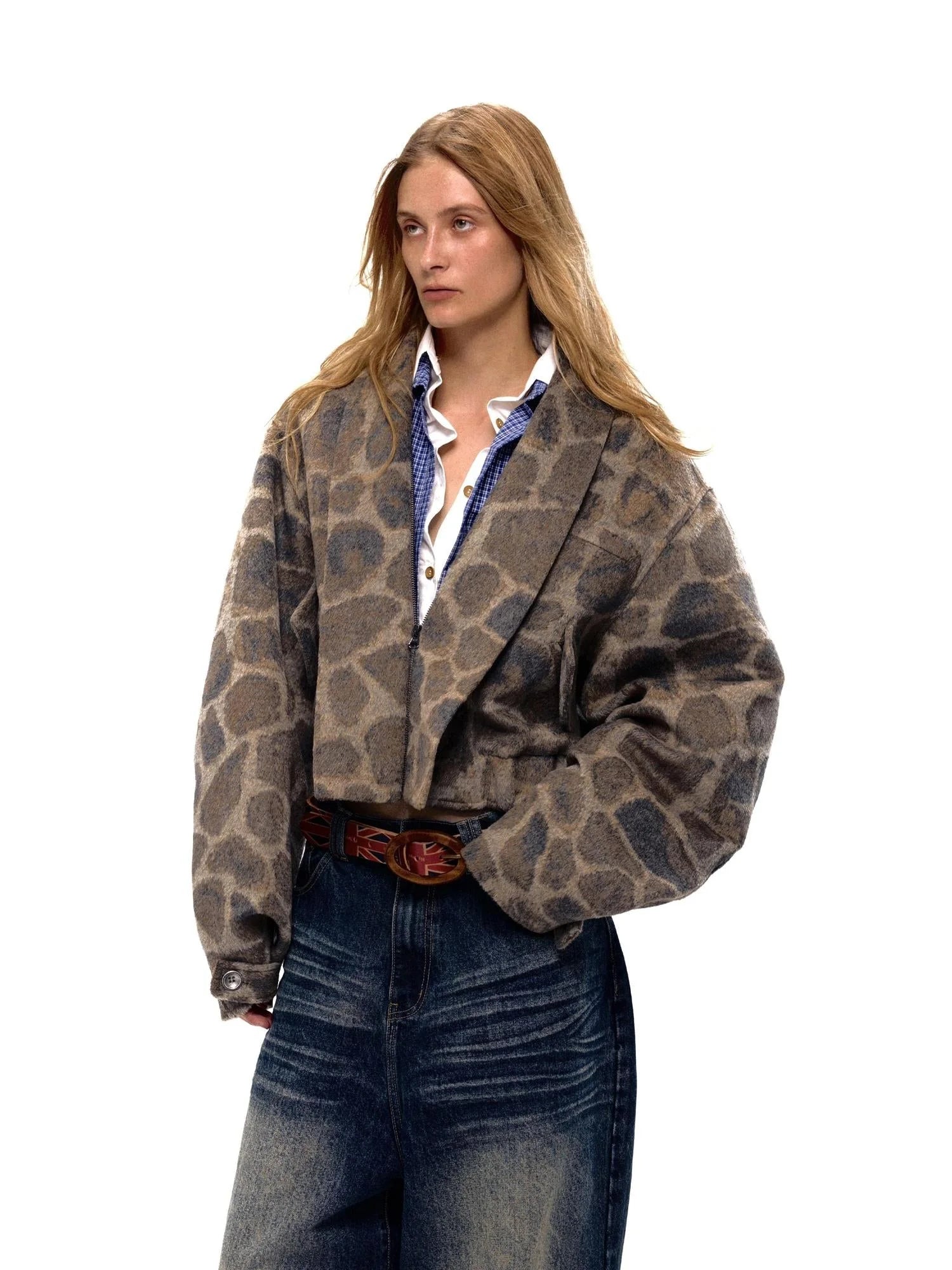 Retro Notched Collar Leopard Print Wool Blend Jacket