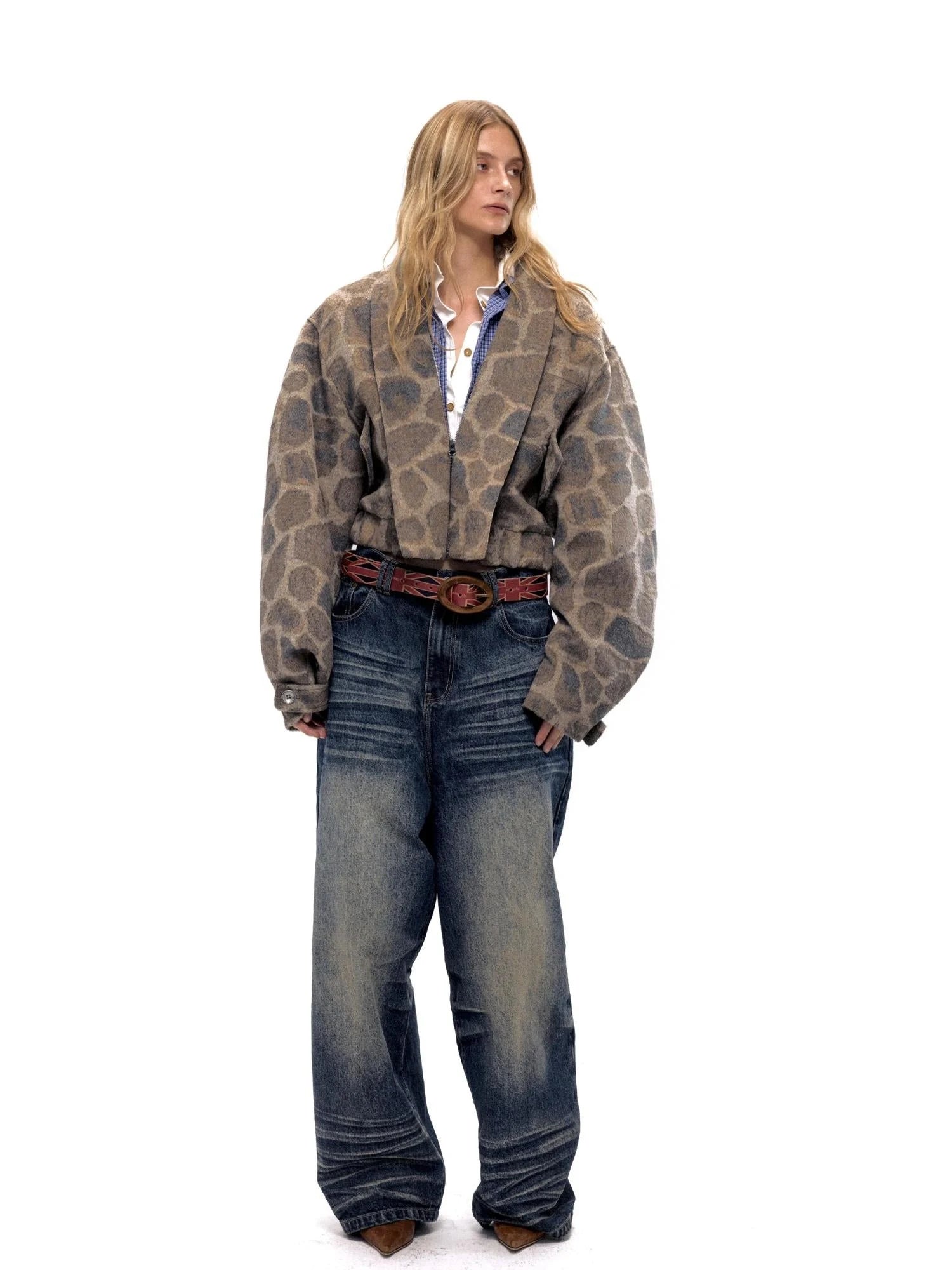 Retro Notched Collar Leopard Print Wool Blend Jacket