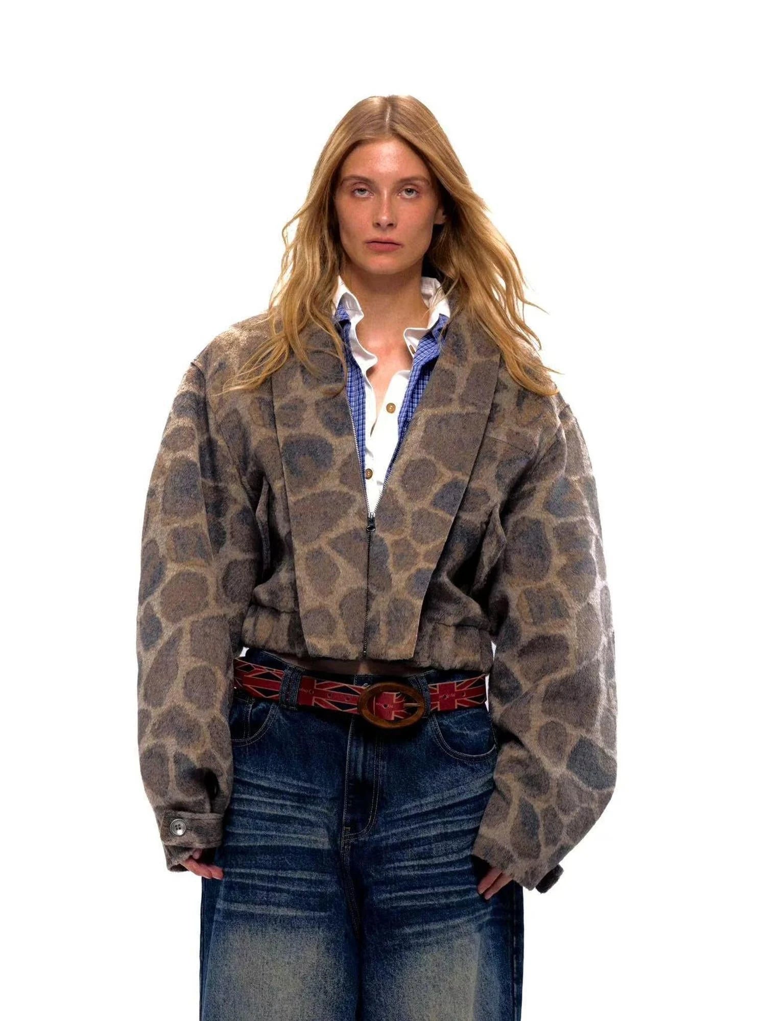 Retro Notched Collar Leopard Print Wool Blend Jacket