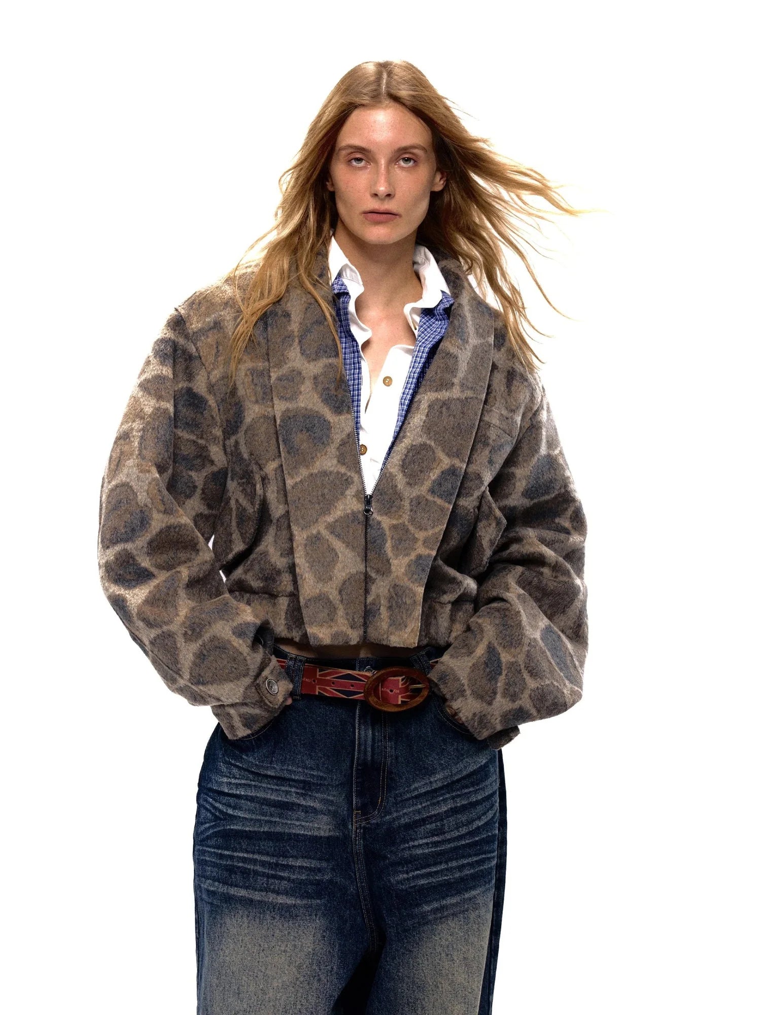 Retro Notched Collar Leopard Print Wool Blend Jacket