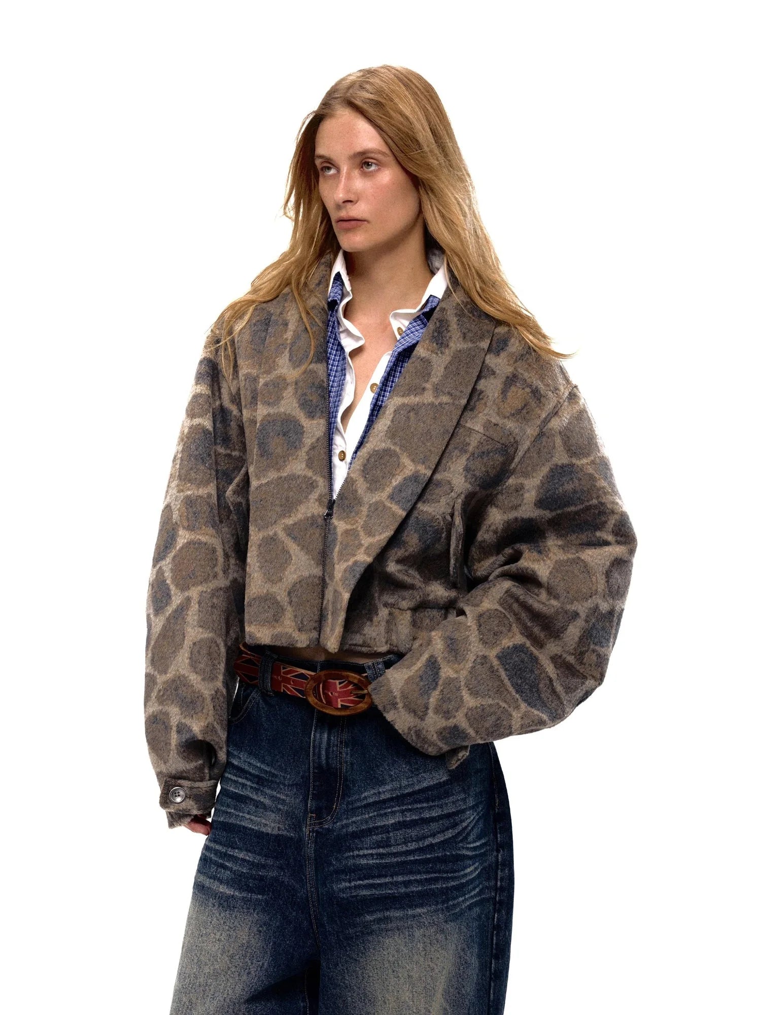 Retro Notched Collar Leopard Print Wool Blend Jacket