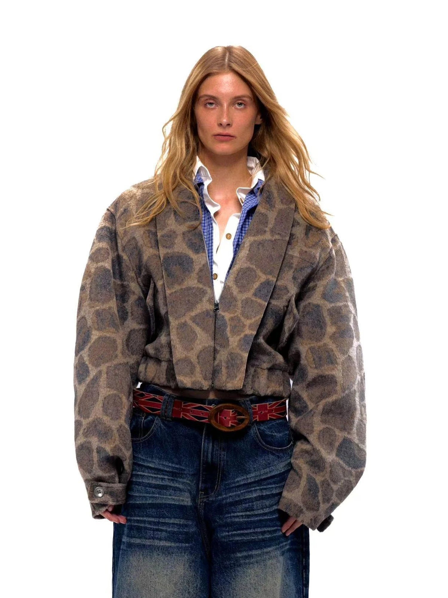 Retro Notched Collar Leopard Print Wool Blend Jacket