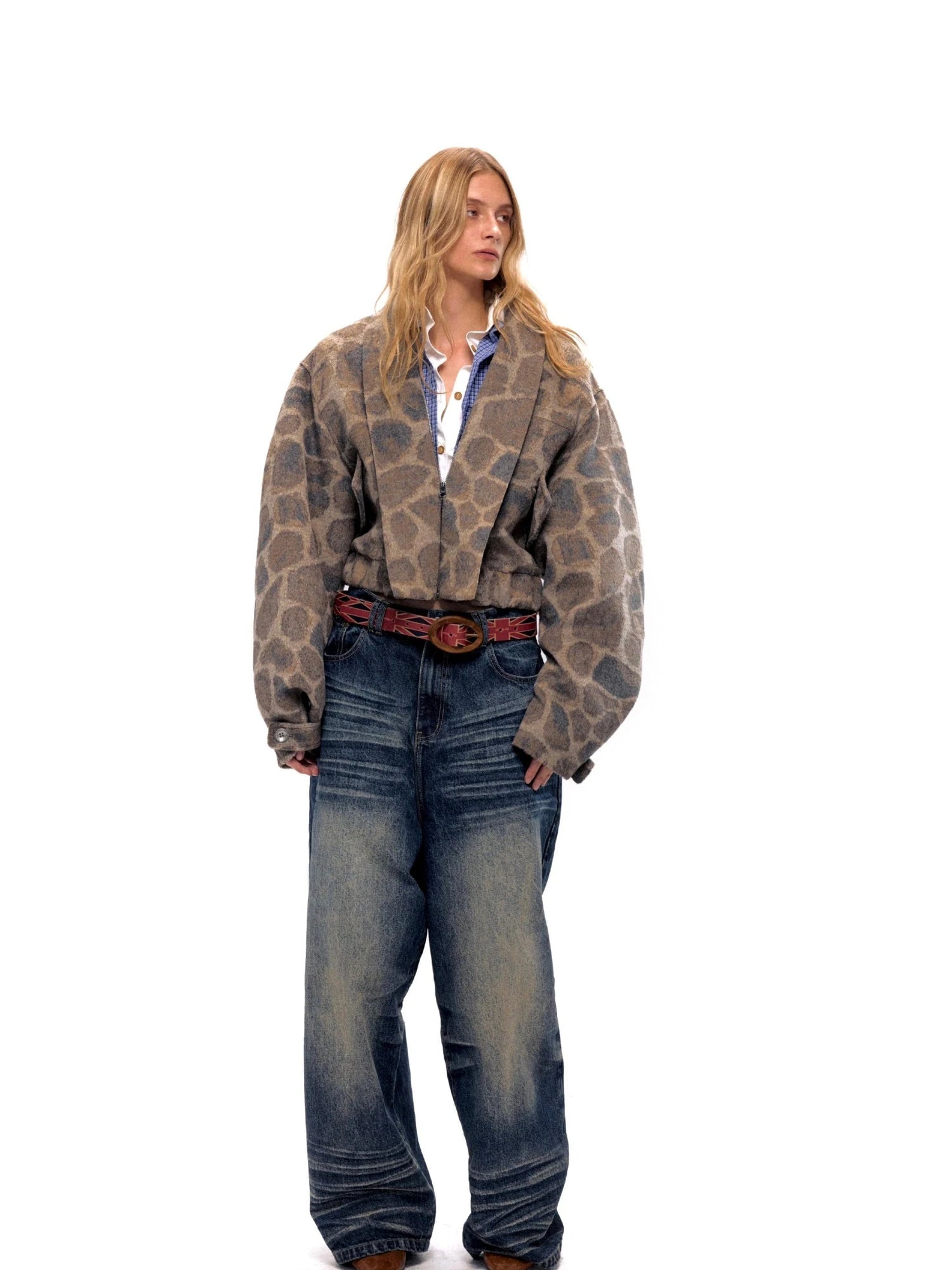 Retro Notched Collar Leopard Print Wool Blend Jacket