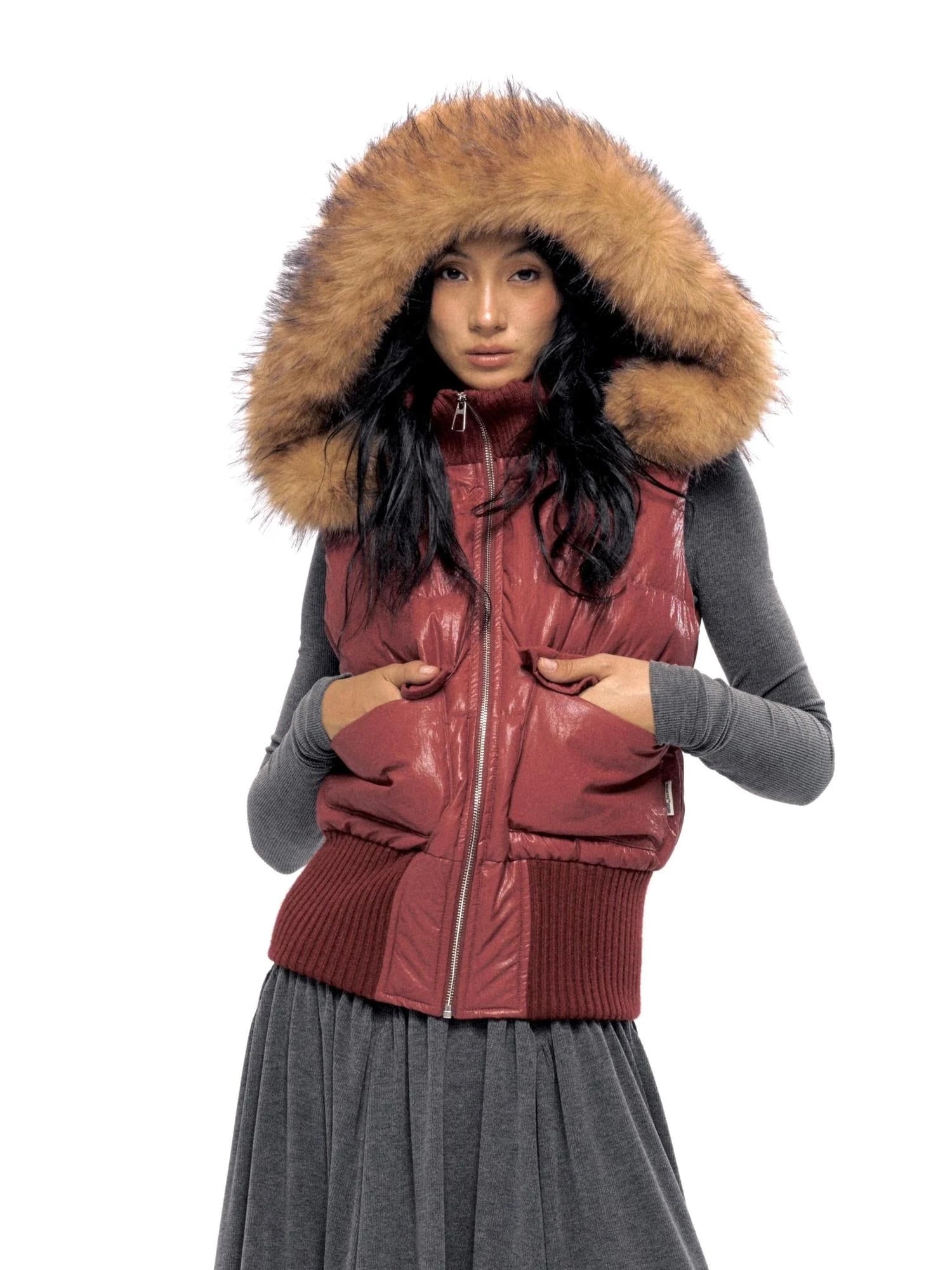 Retro Red Quilted Vest With Detachable Hood